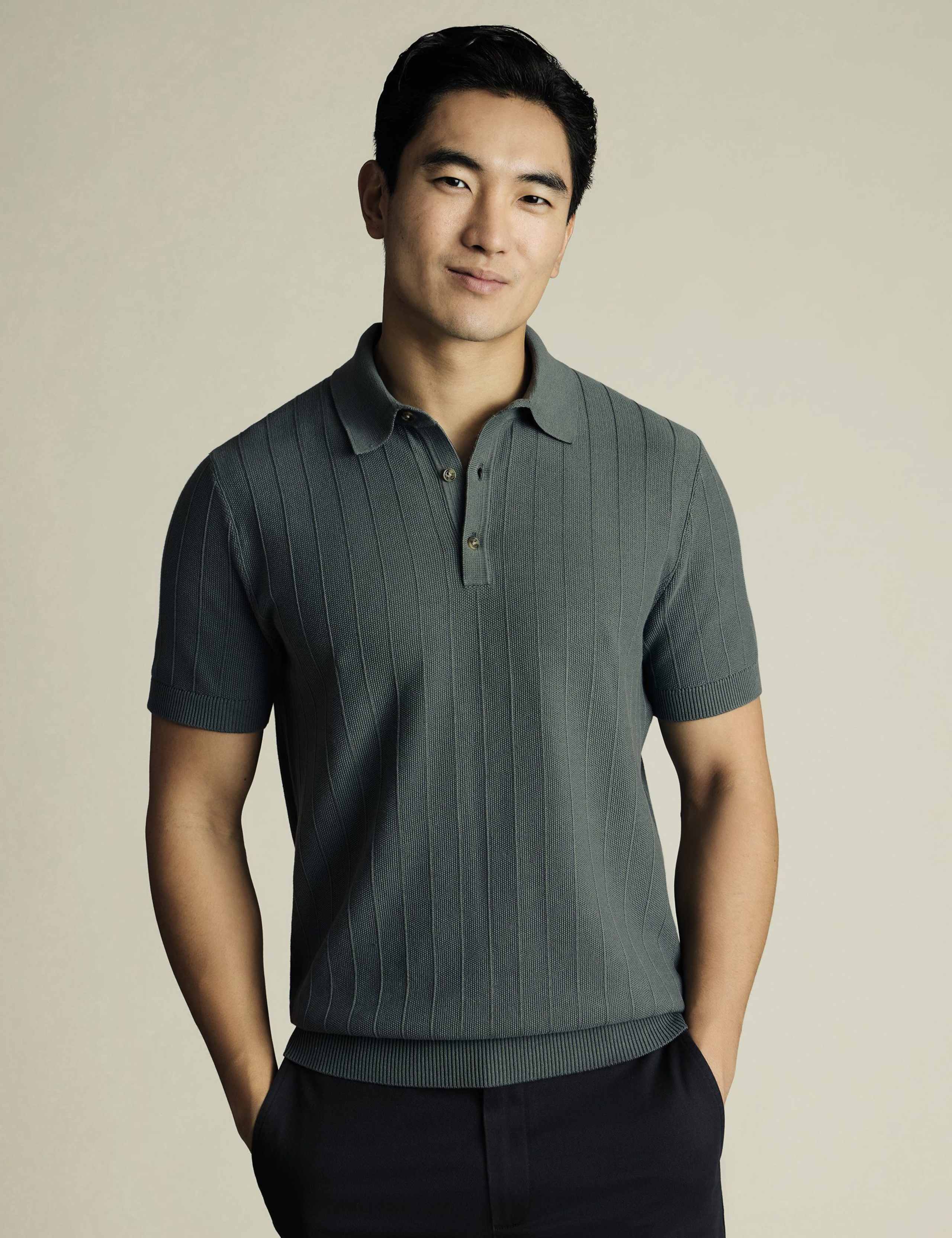 Pure Cotton Textured Stripe Knitted Polo Shirt