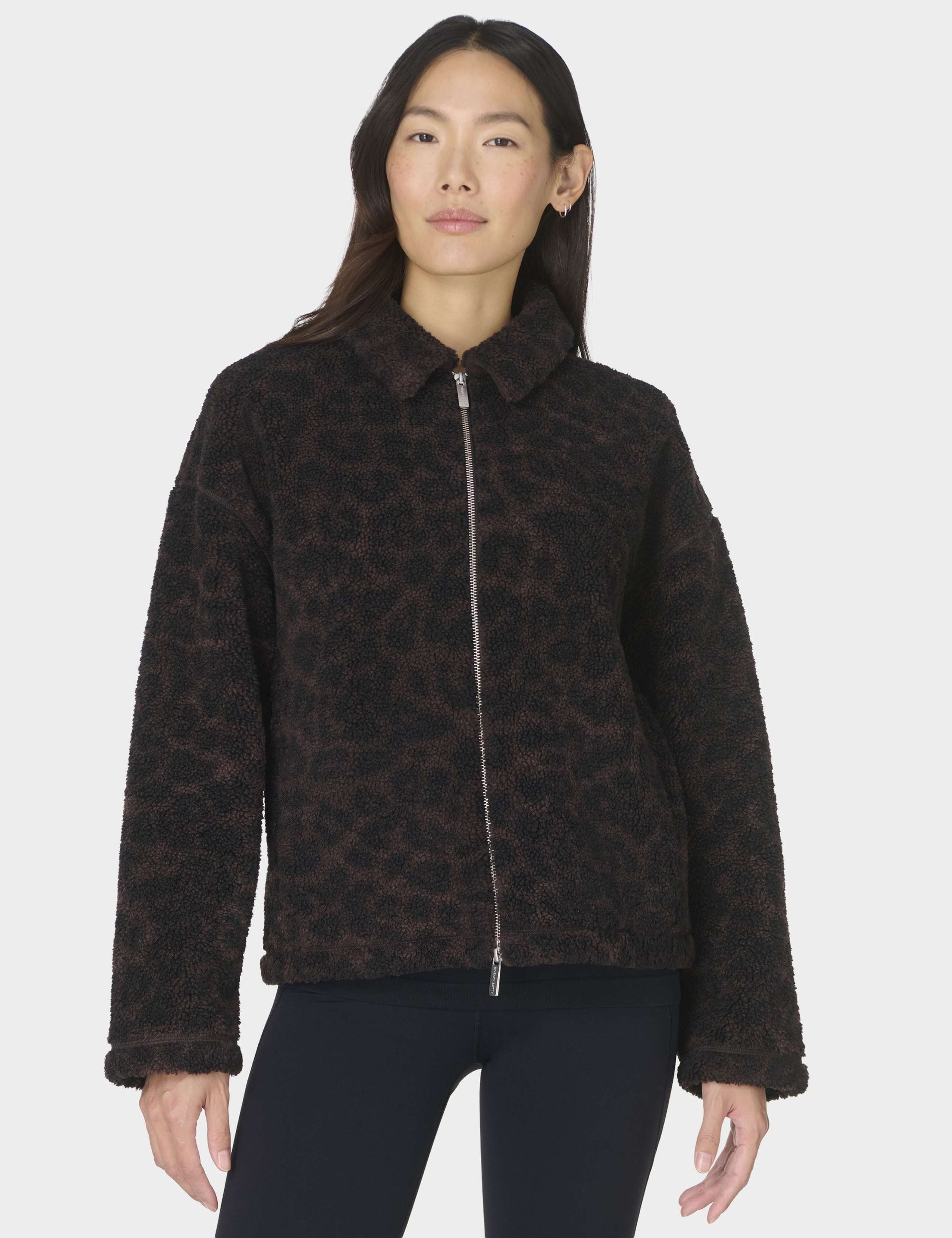 Plush Leopard Print Collared Fleece Jacket
