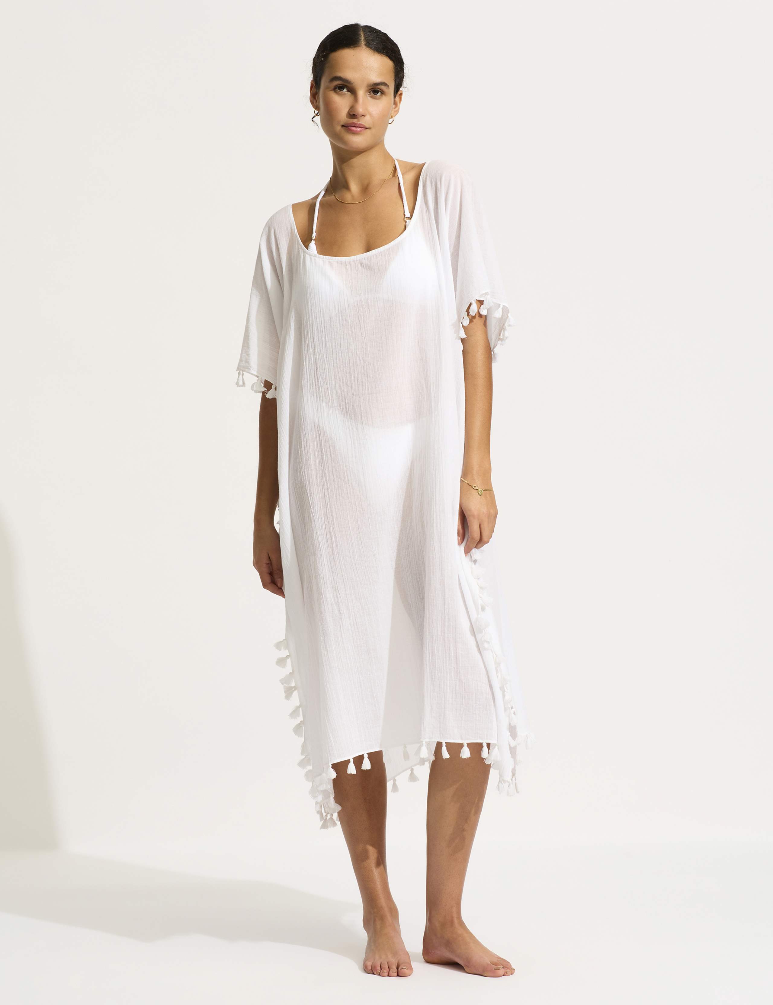 Amnesia Pure Cotton Tassel Trim Kaftan Beach Dress