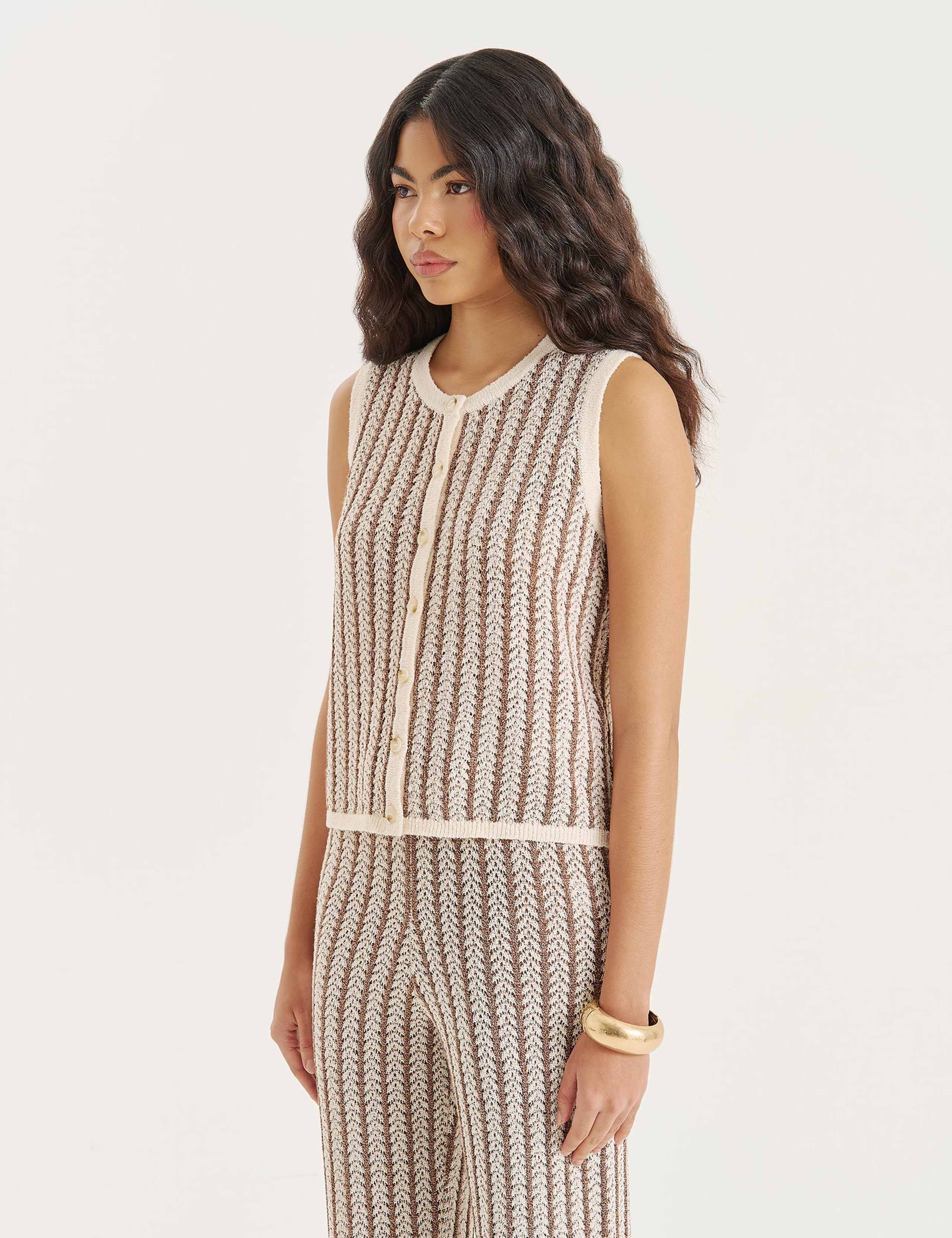 Striped Button Front Knitted Vest
