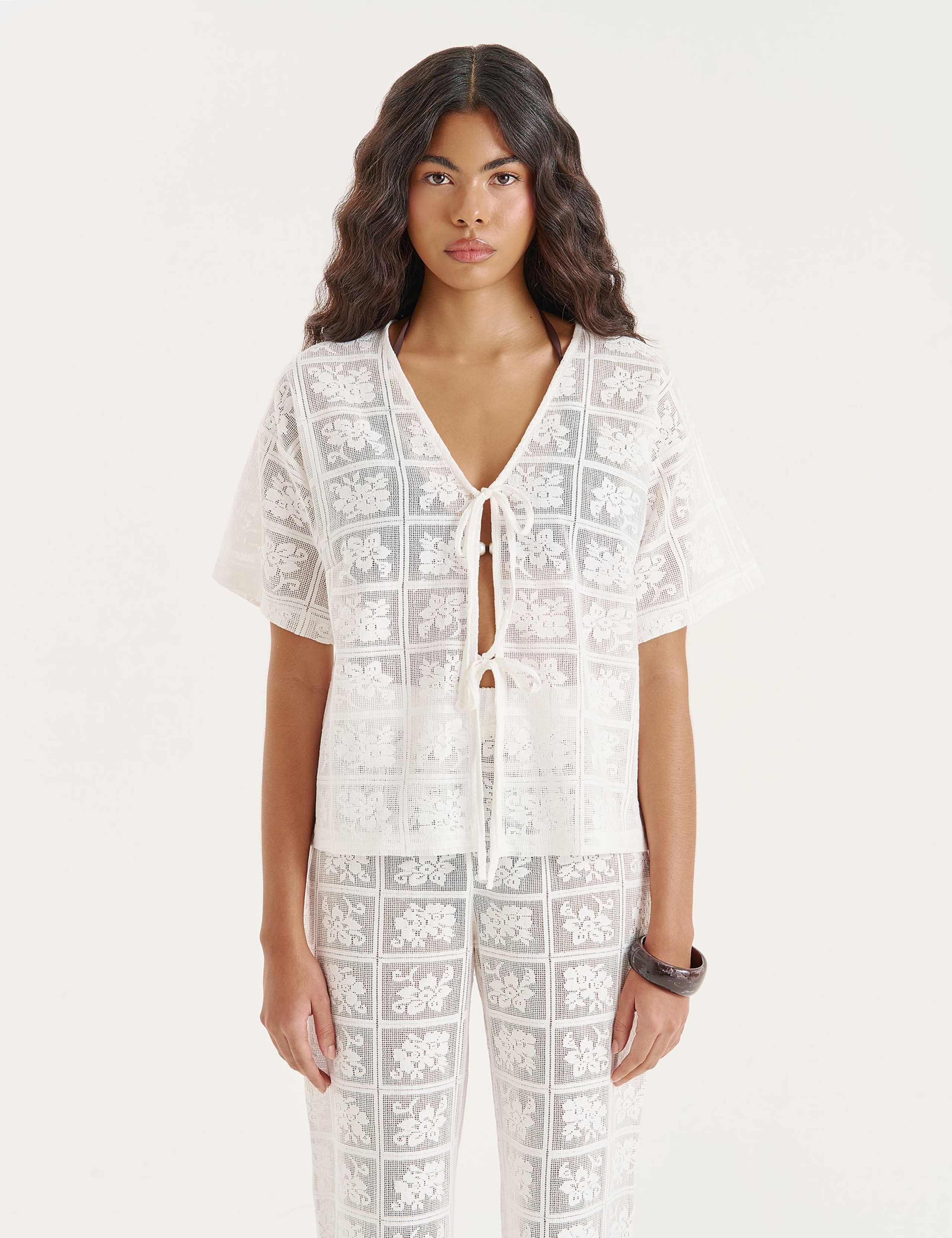 Lace Floral Tie Front Beach Cover Up Shirt