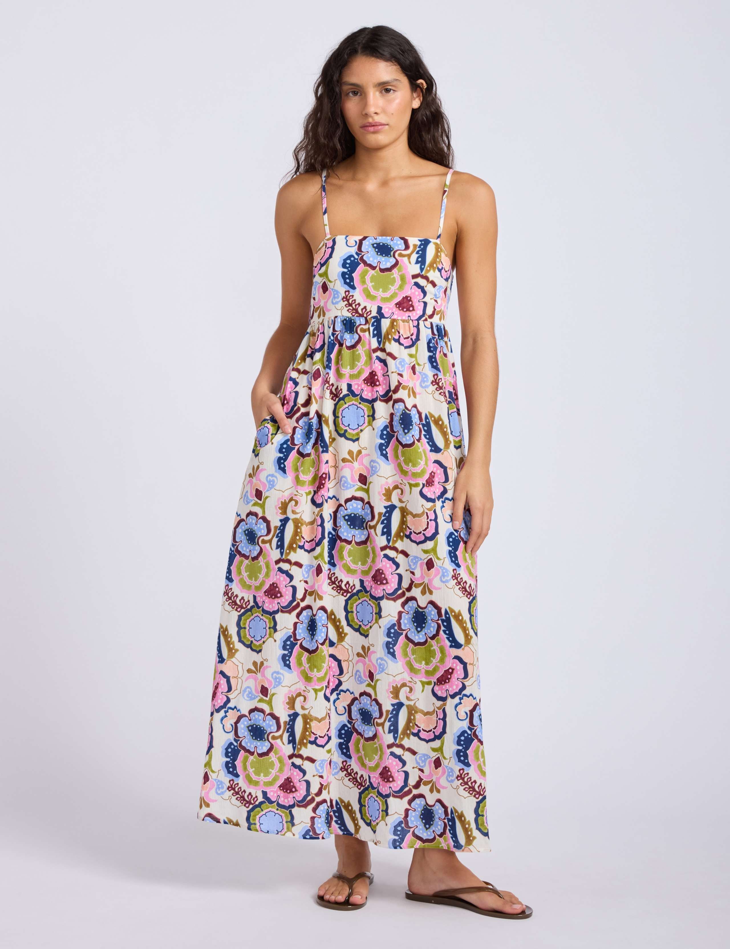 Pure Cotton Floral Strappy Shirred Midi Dress