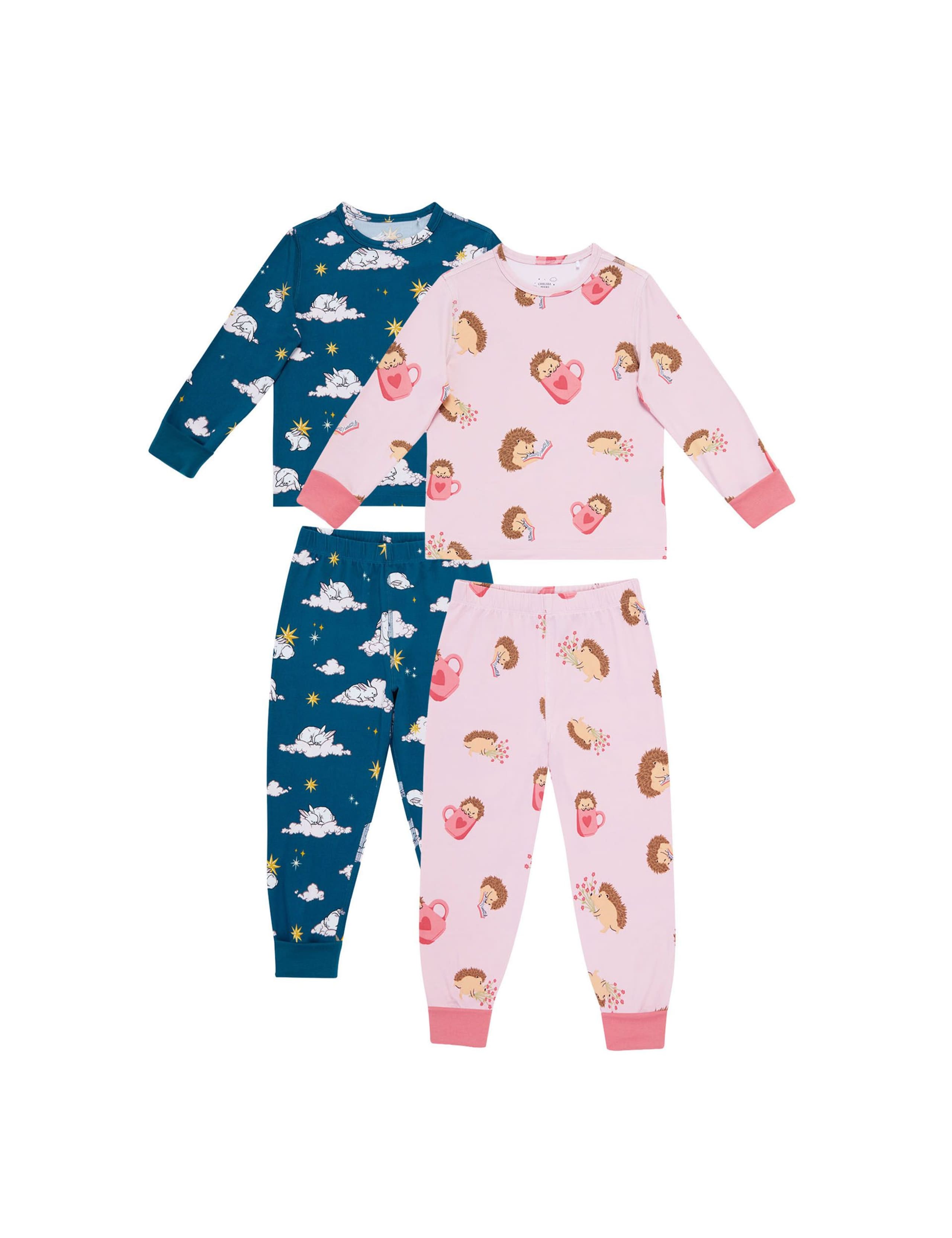 2pk Hedgehog & Bunny Print Pyjama Sets (1-12 Yrs)