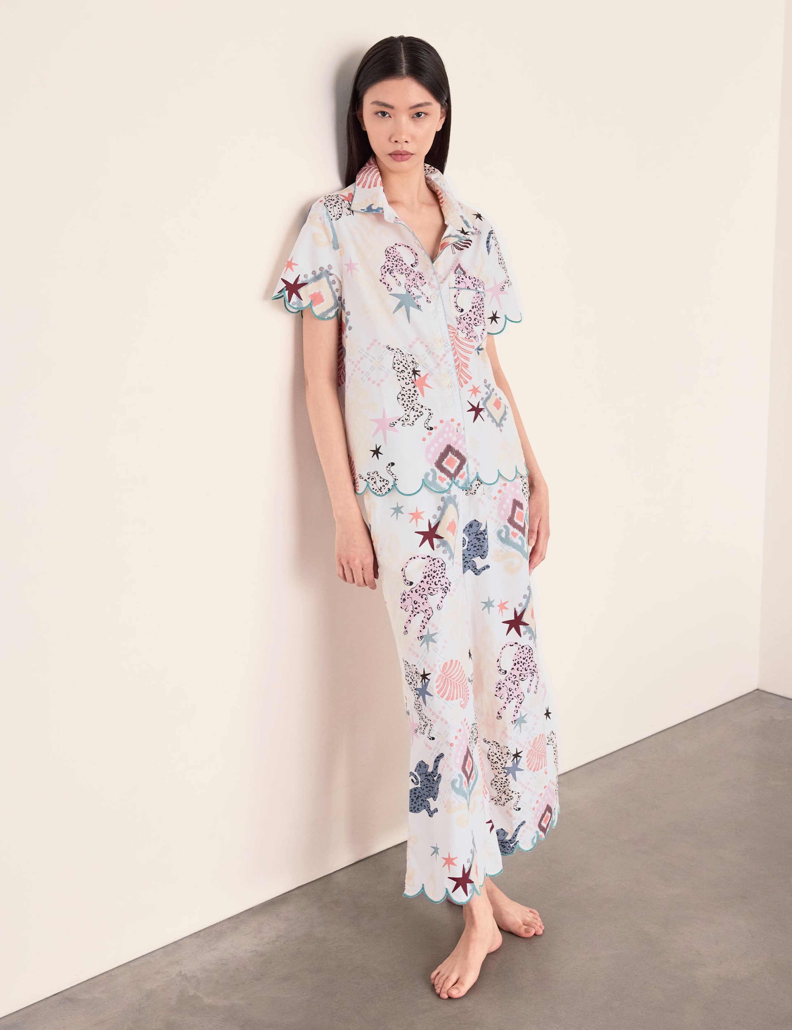 Pure Cotton Ikat Print Scallop Pyjama Set