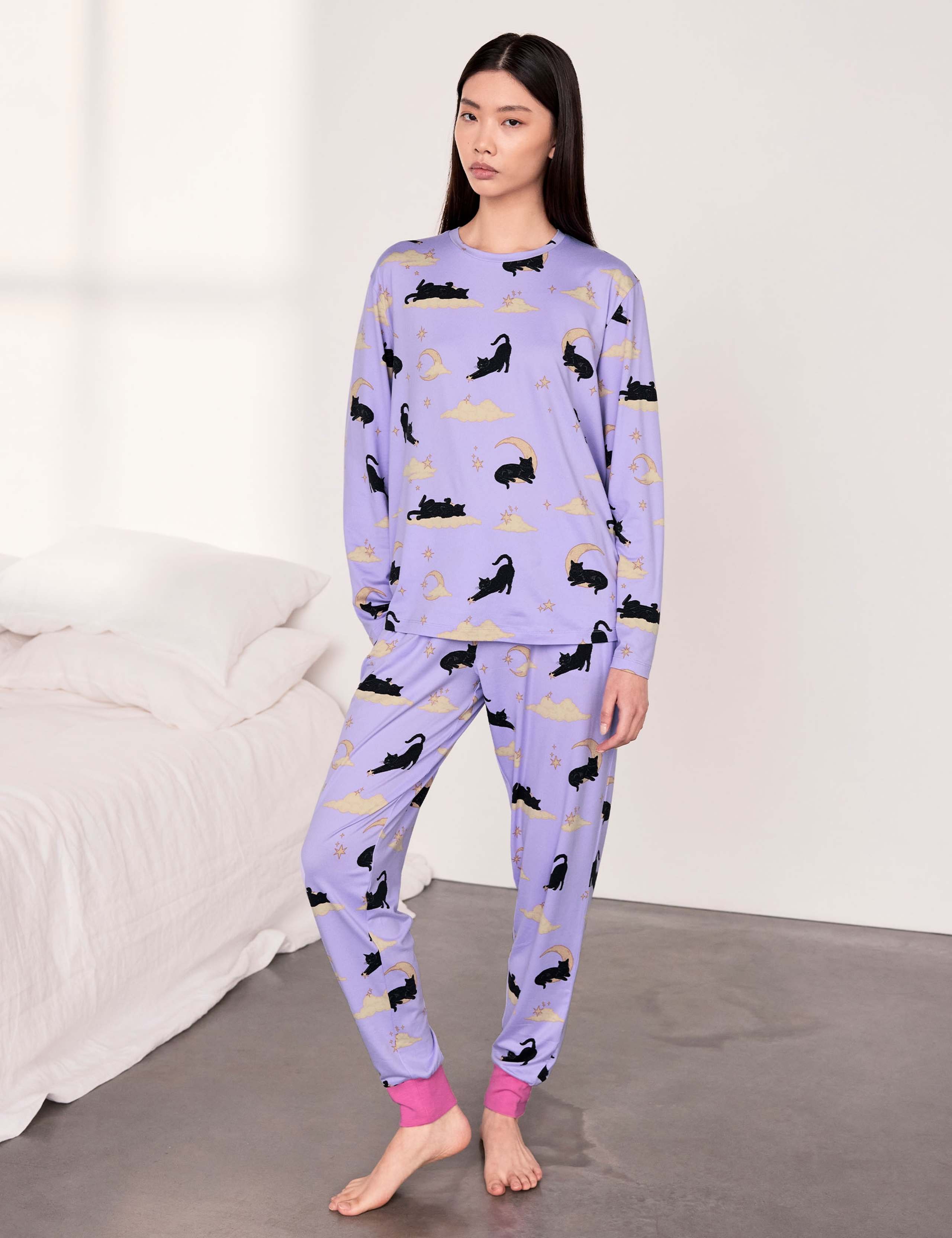 Jersey Cats Clouds Print Cuffed Pyjama Set