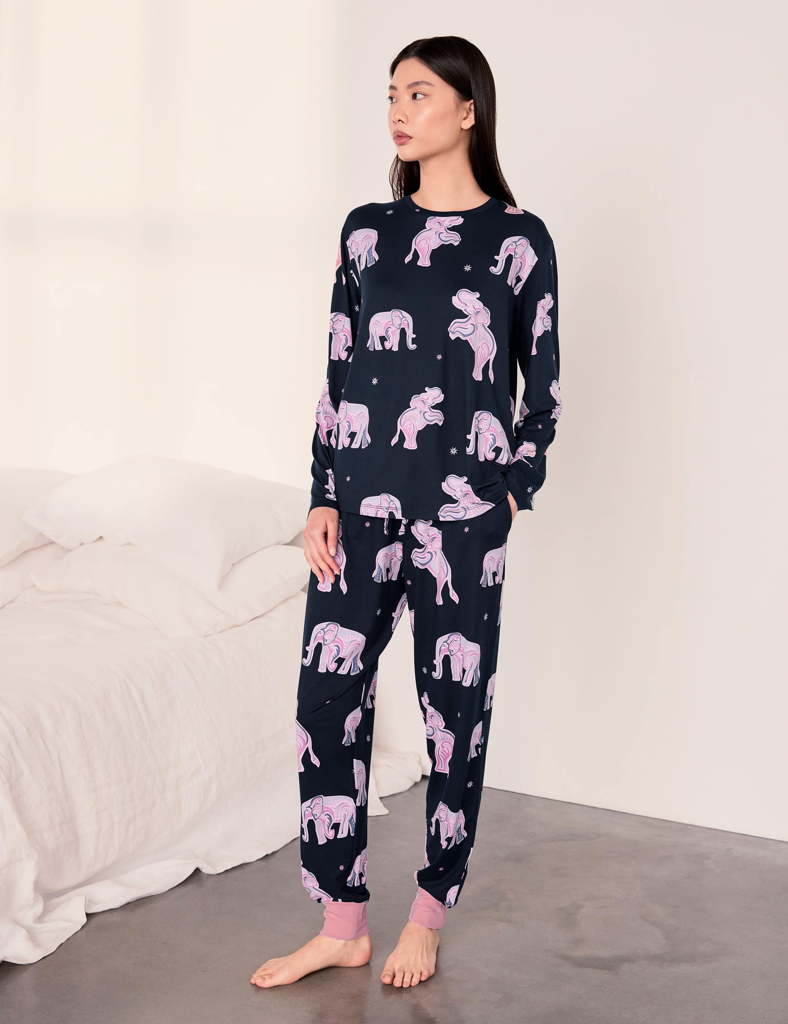 Jersey Elephant Print Cuffed Hem Pyjama Set