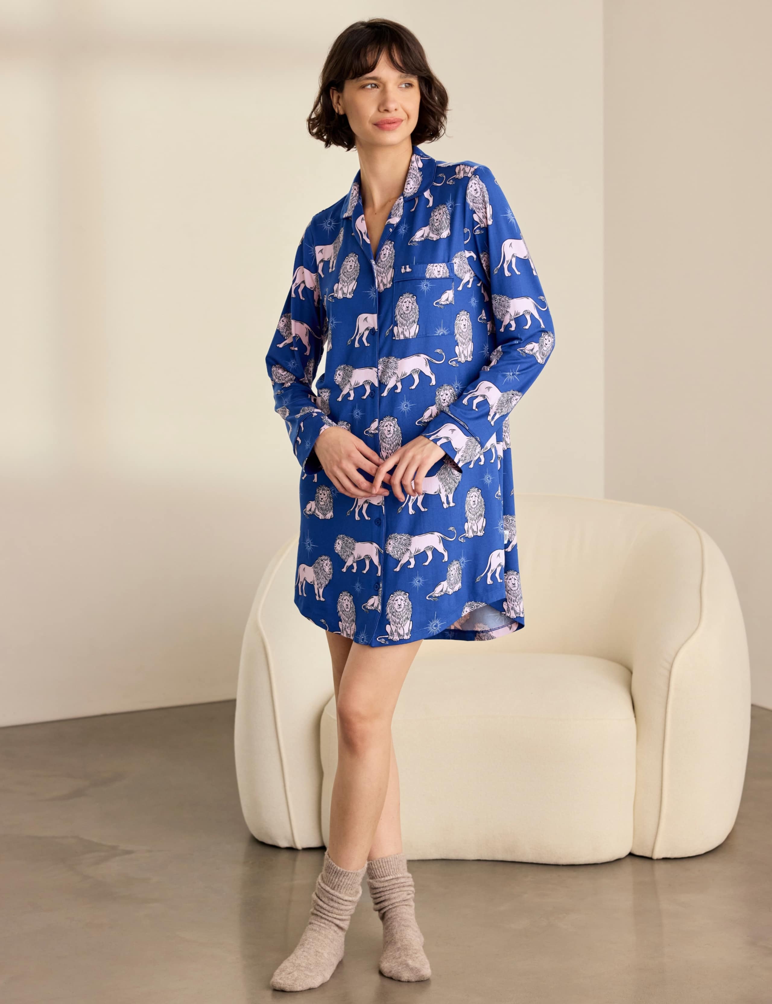 Button Front Long Sleeve Night Shirt