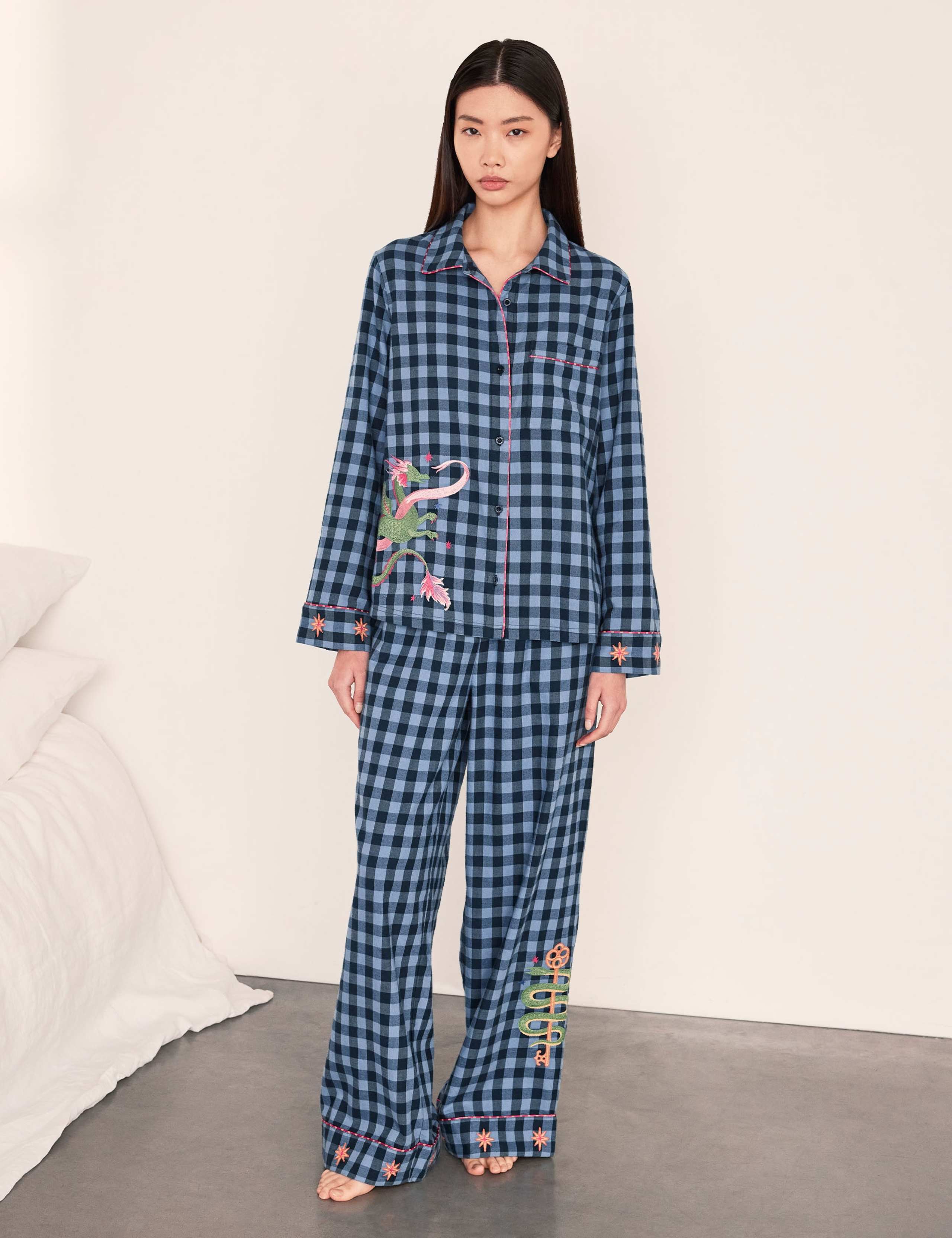 Pure Cotton Dragon Embroidery Checked Pyjama Set