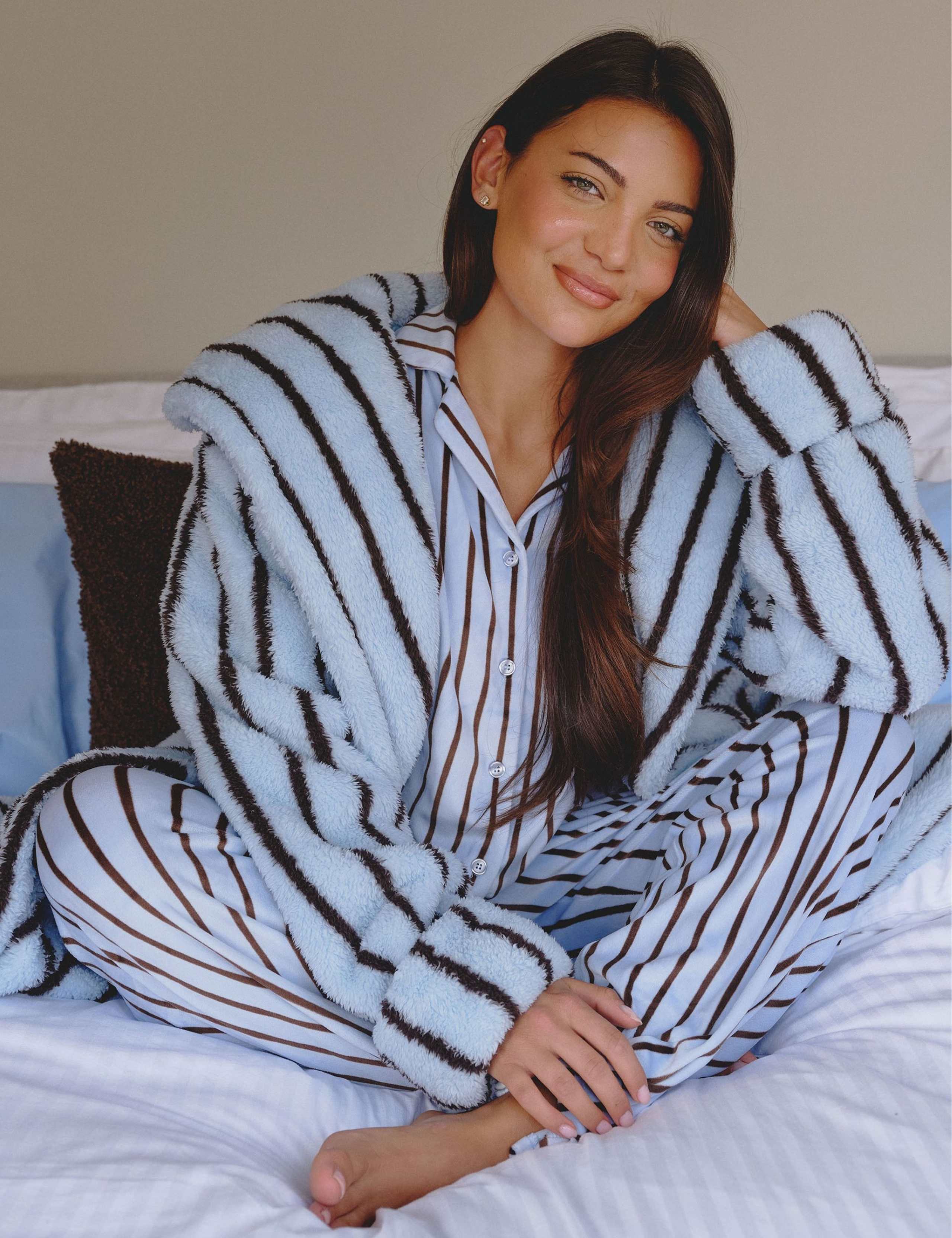 Pinstripe Fleece Hooded Dressing Gown