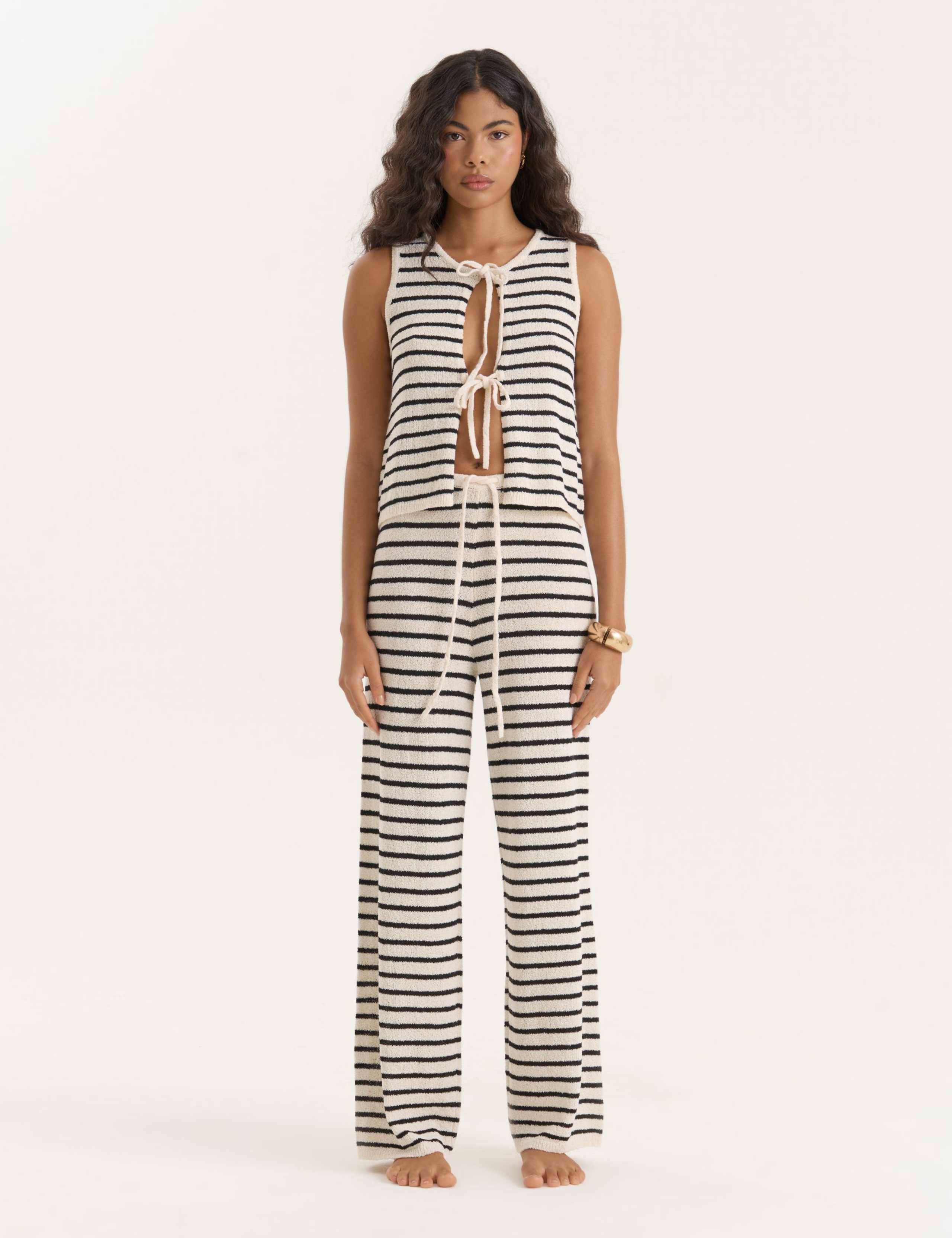 Striped Knitted Tie Front Top