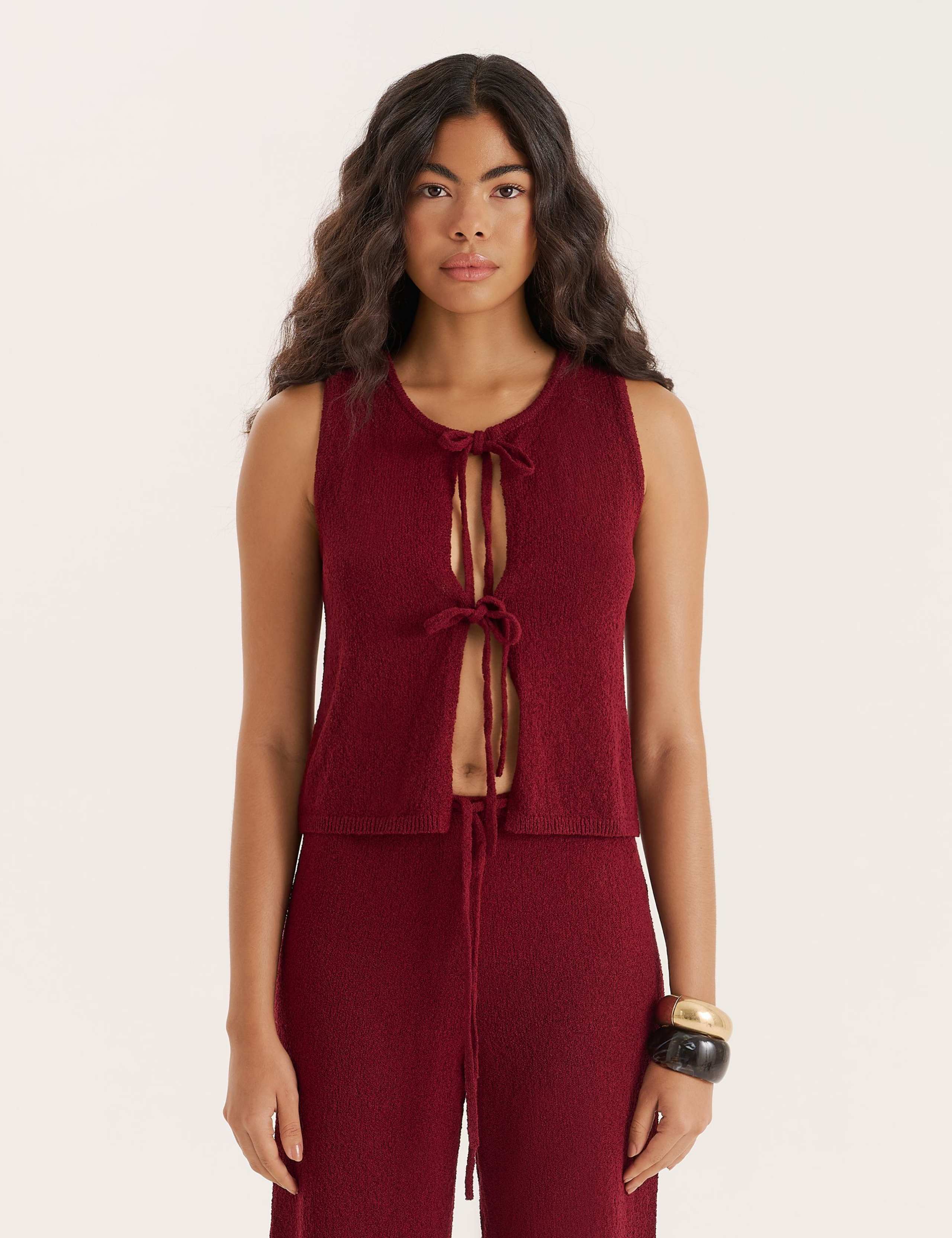 Textured Tie Front Relaxed Knitted Top