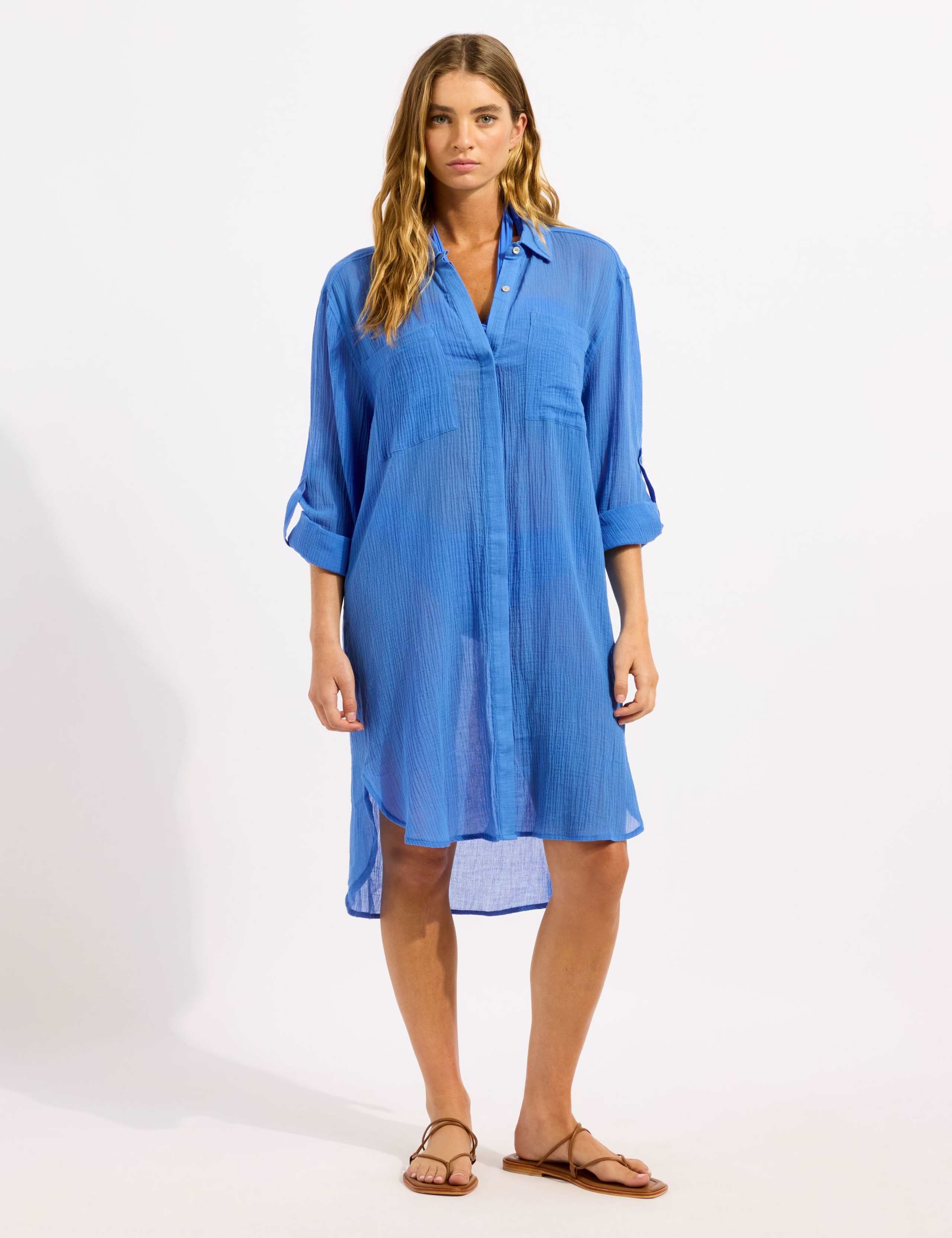 Pure Cotton Textured Beach Cover Up Shirt