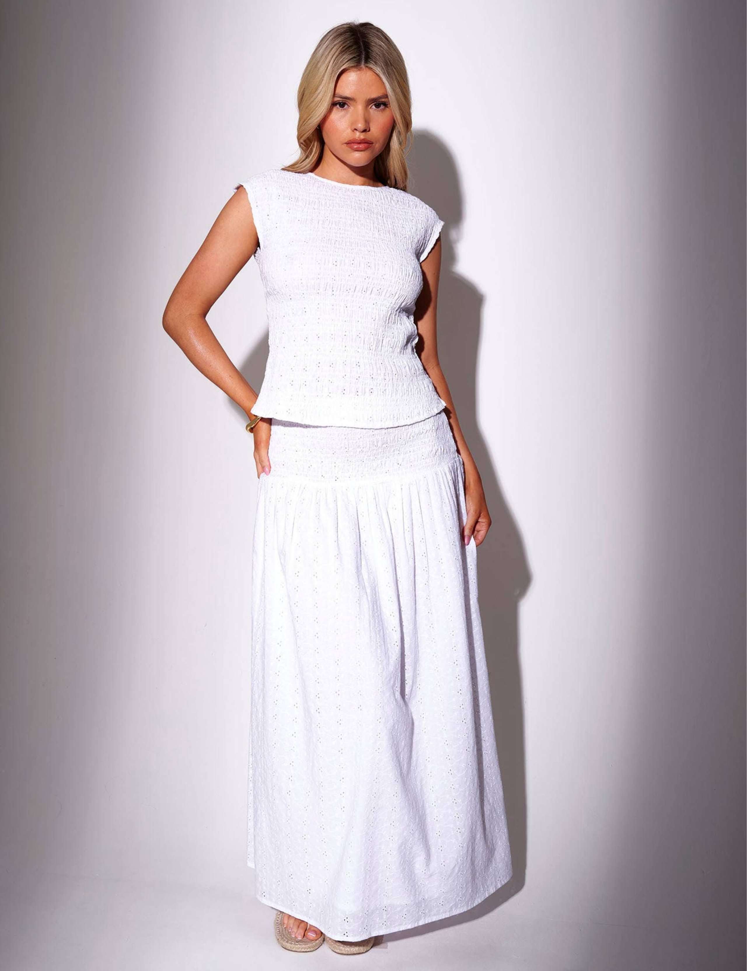 Pure Cotton Broderie Shirred Maxi Beach Skirt
