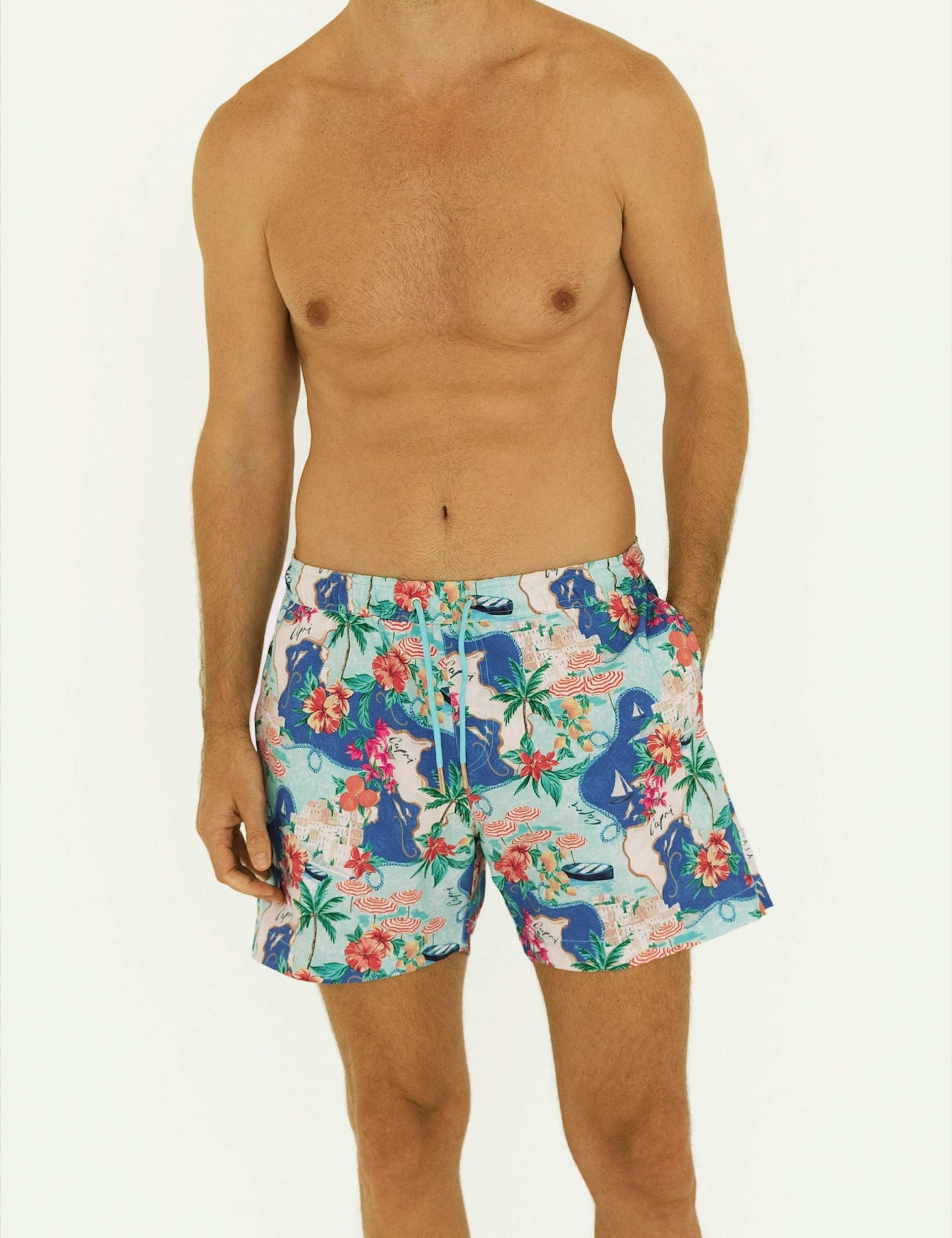 Pocketed Postcard Print Swim Shorts