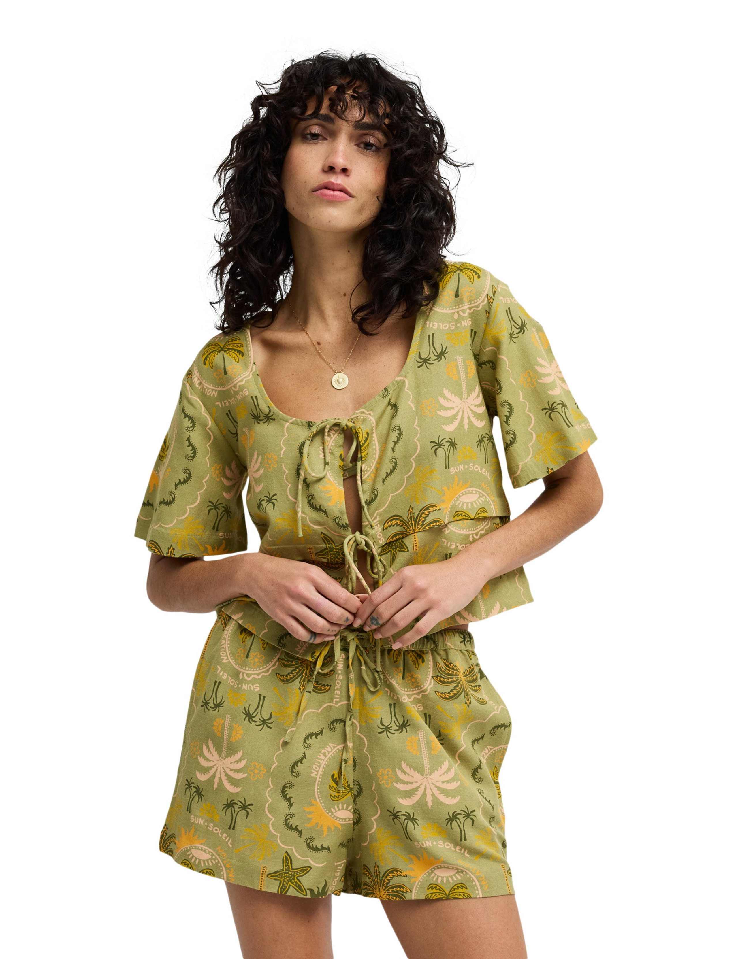 Printed Tie Front Shirt with Linen