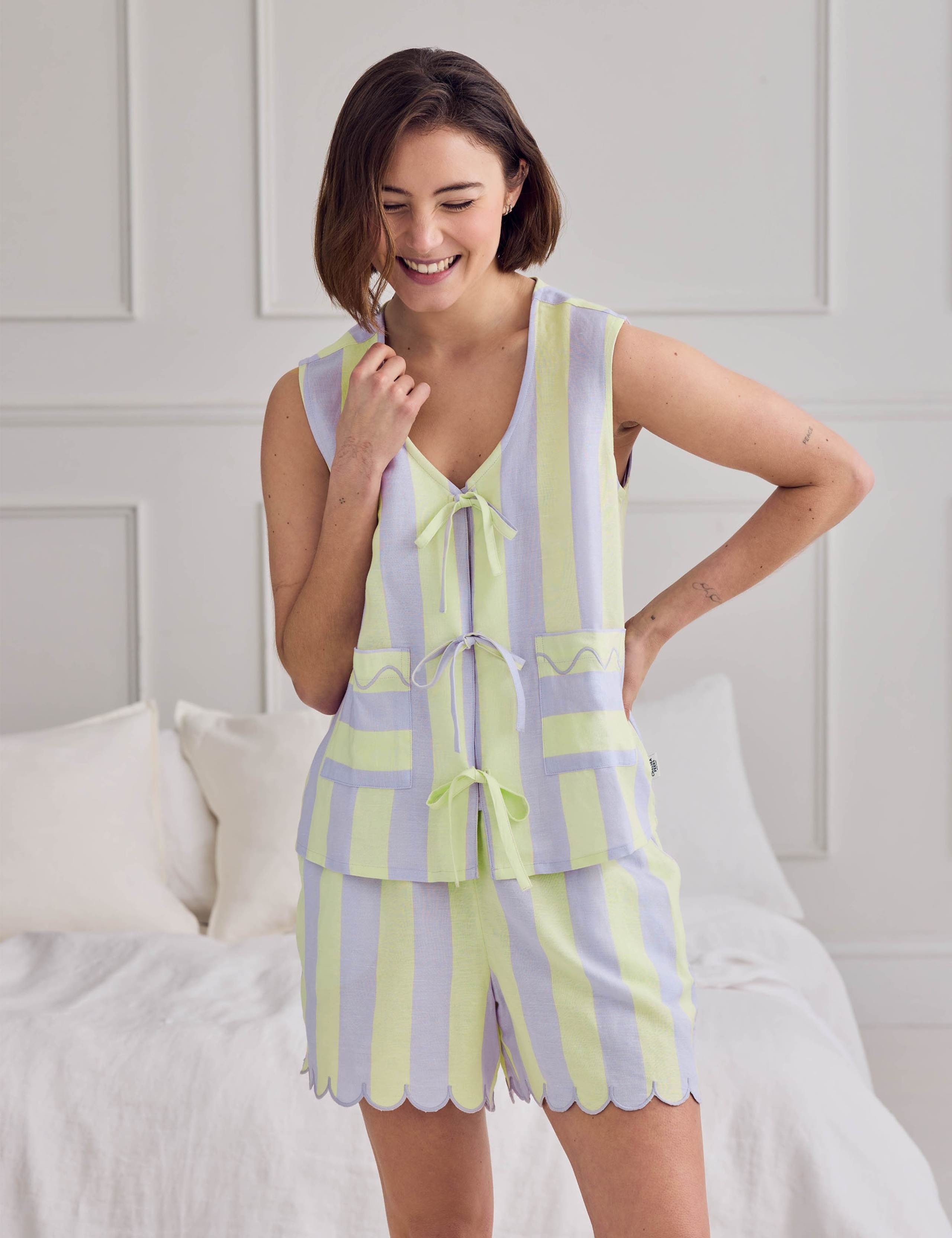 Linen Rich Striped Tie Front Shortie Set