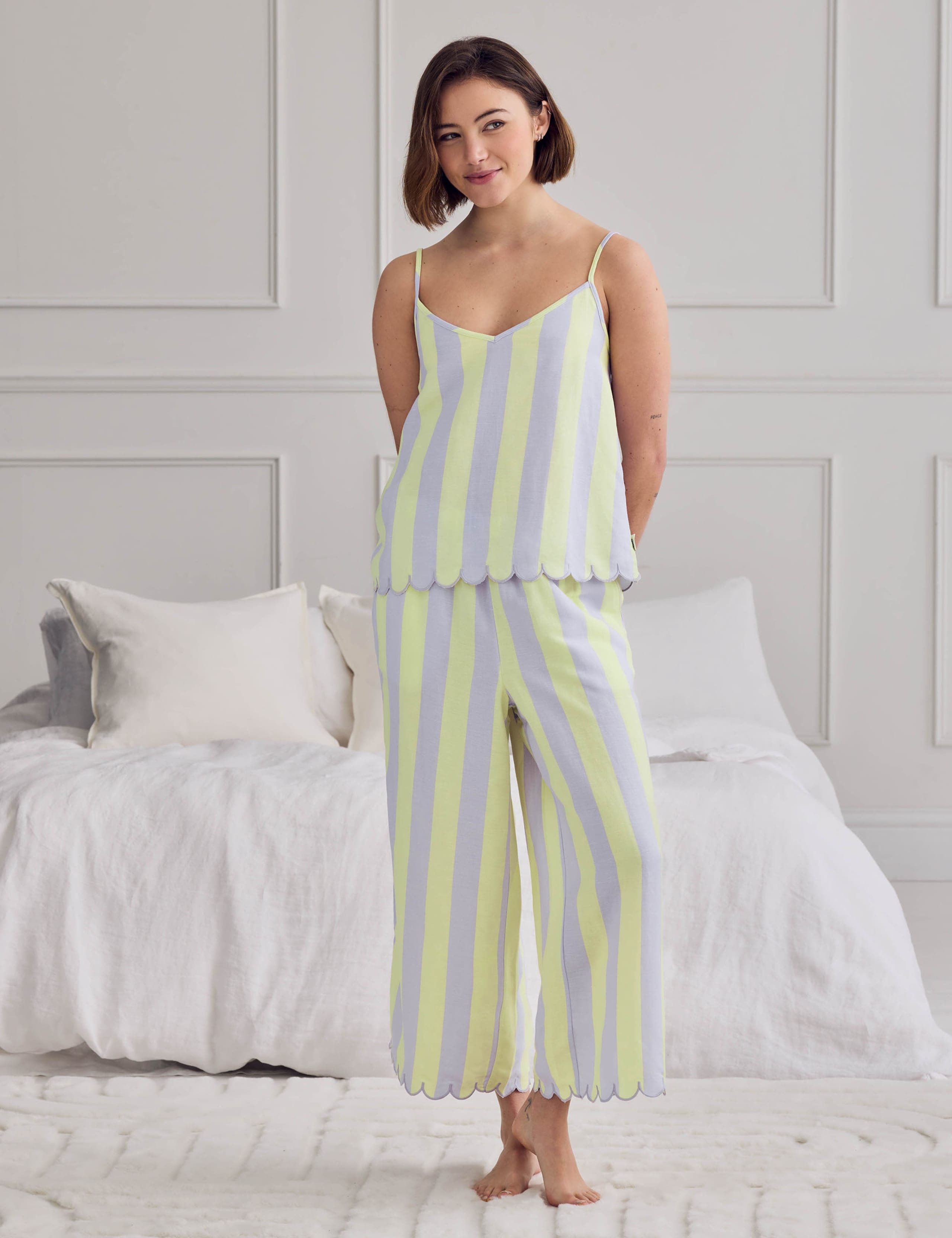 Linen Rich Striped Cropped Pyjama Set