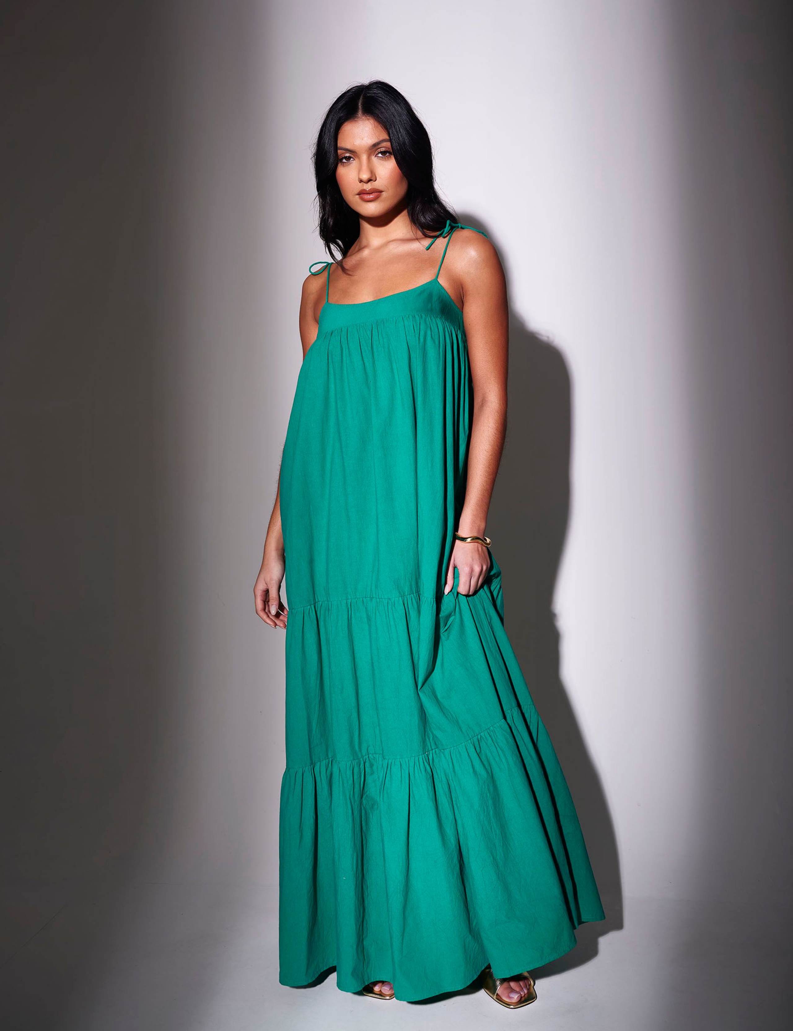 Pure Cotton Square Neck Maxi Tiered Dress
