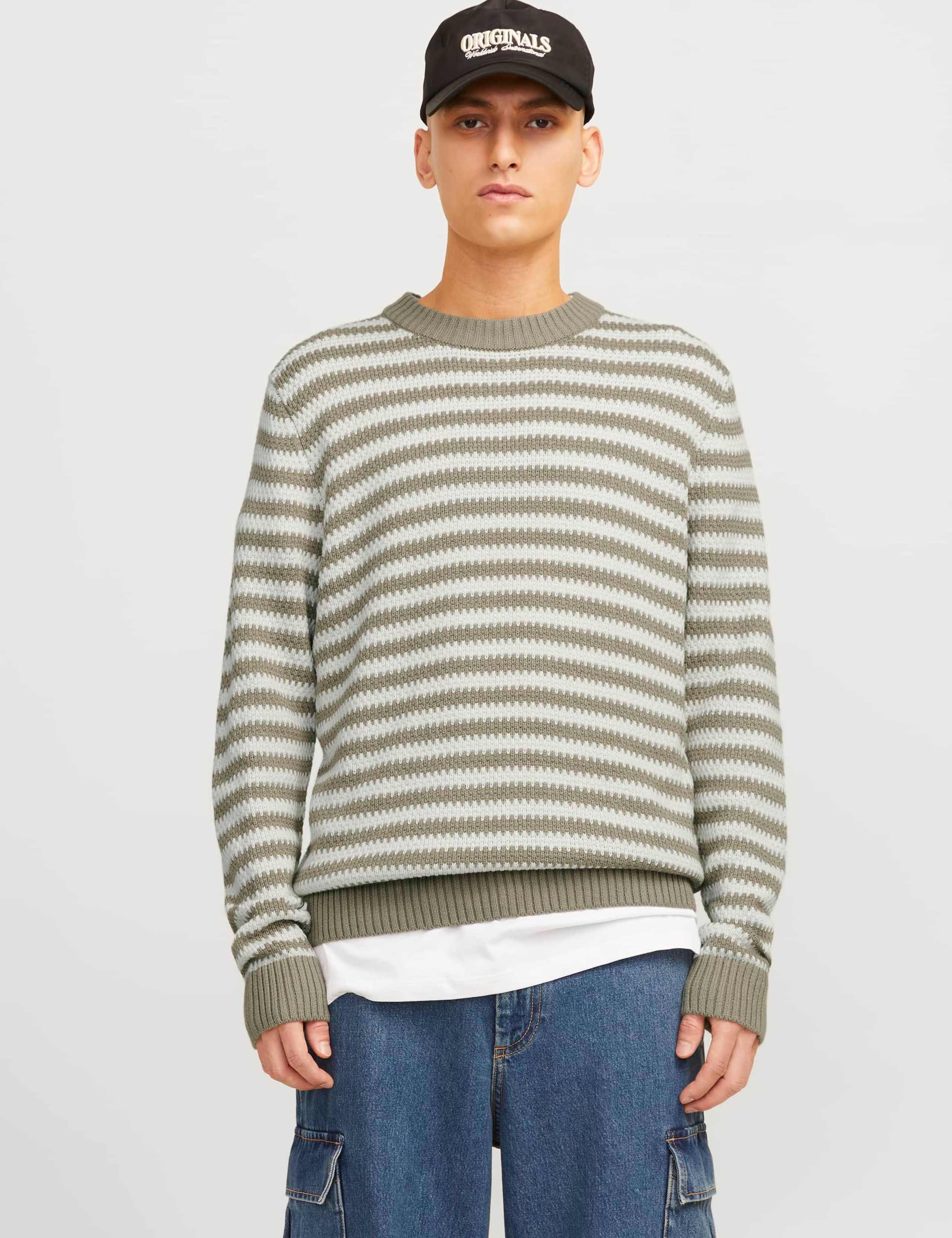 Cotton Blend Striped Crew Neck Jumper