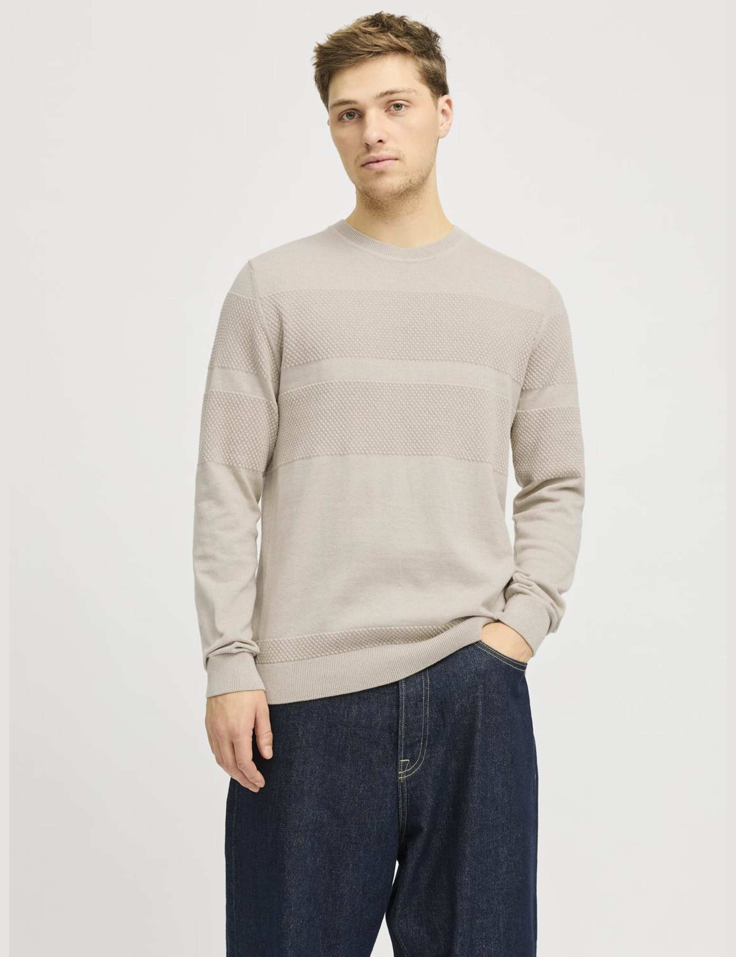 Cotton Blend Textured Crew Neck Jumper