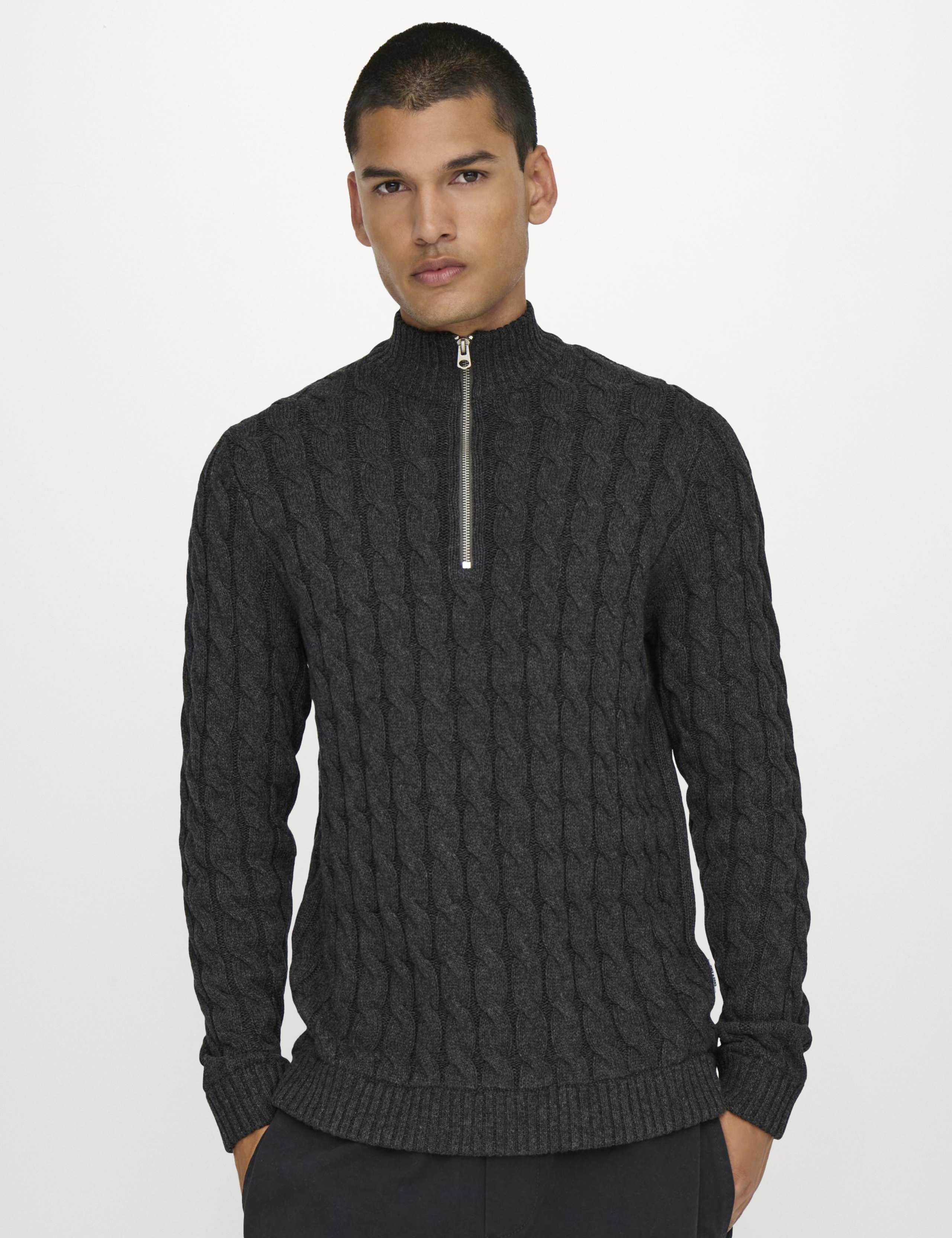 Cotton Rich Cable Knit Funnel Neck Knitted Top