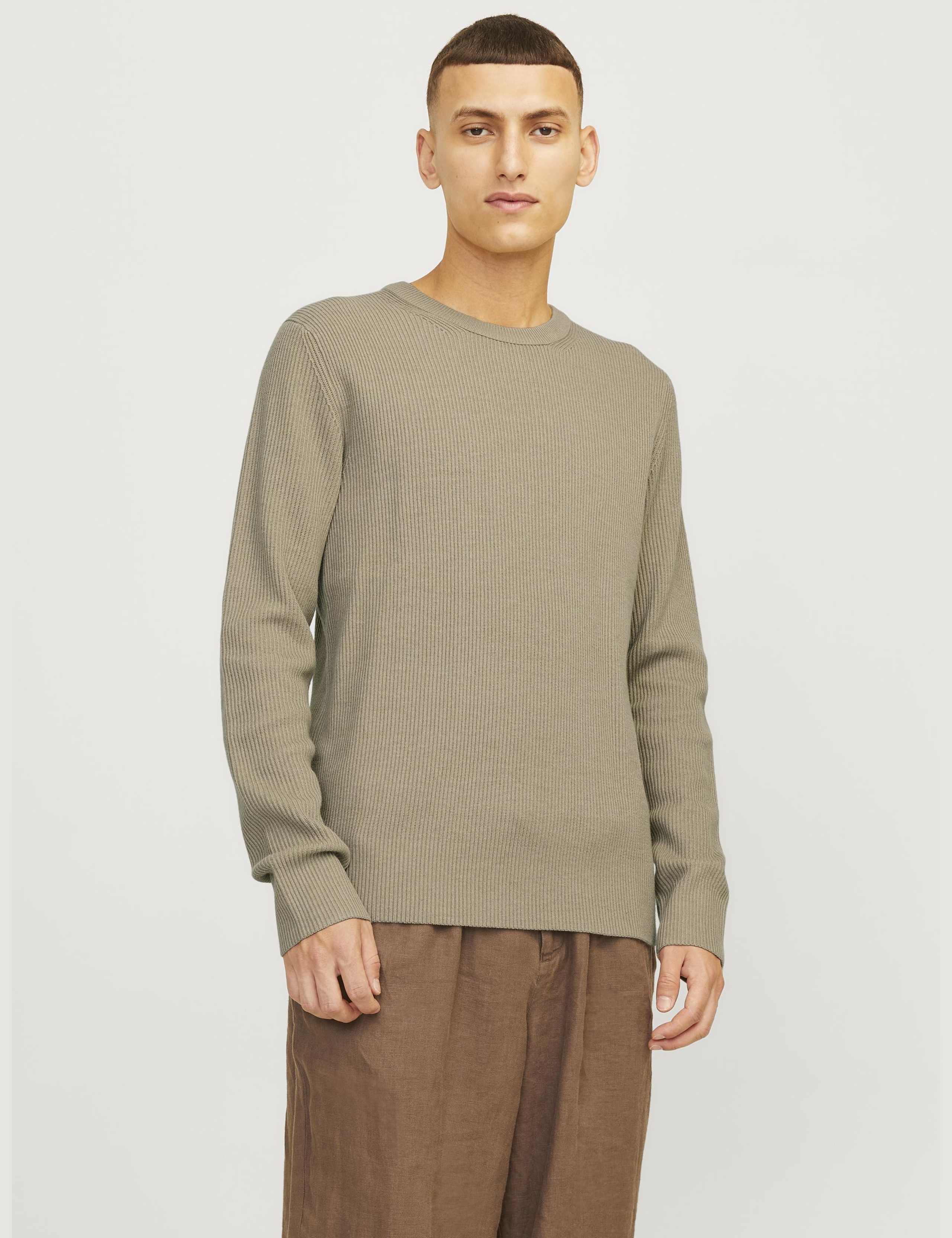 Cotton Blend RibbedCrew Neck Jumper