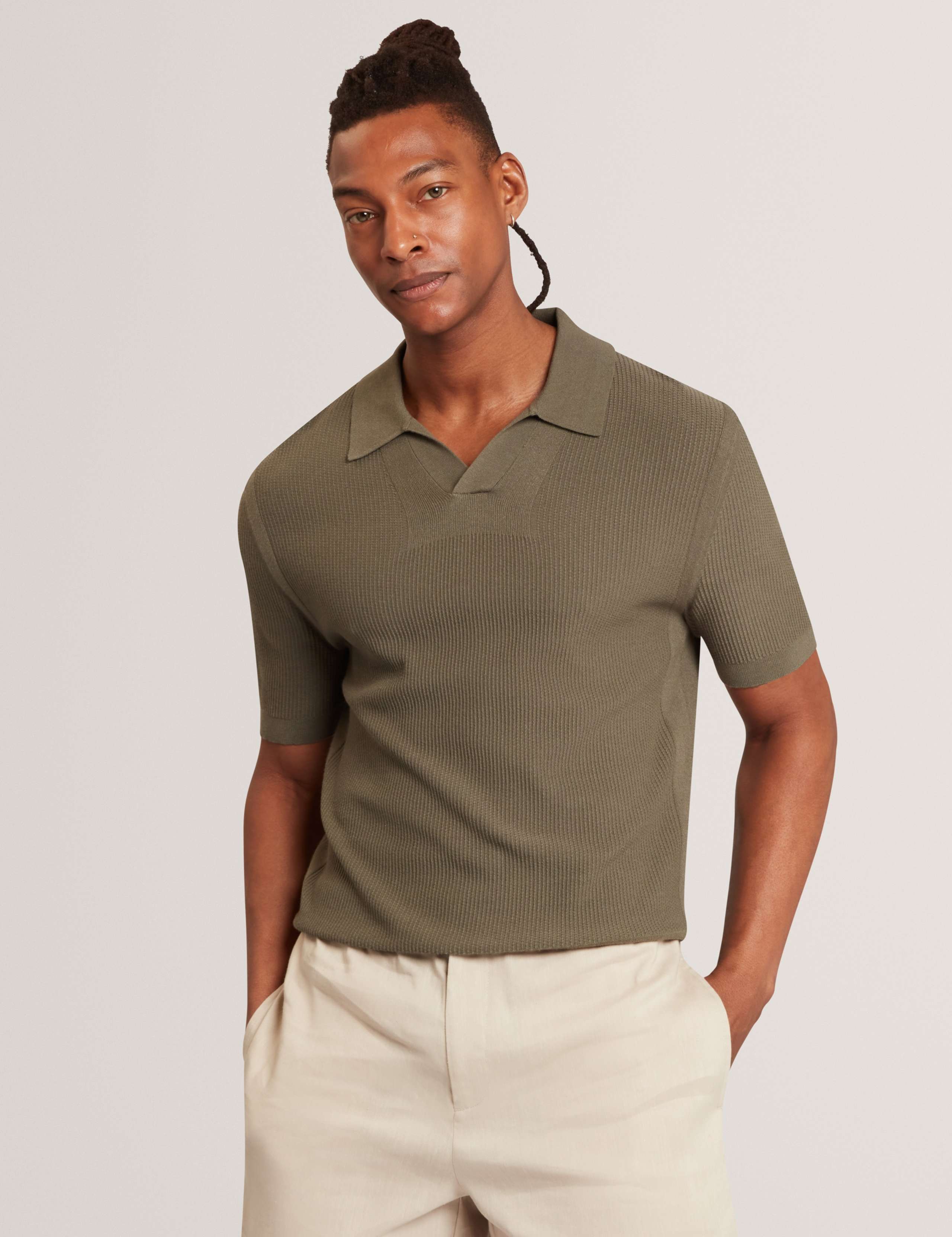 Textured Open Neck Knitted Polo Shirt
