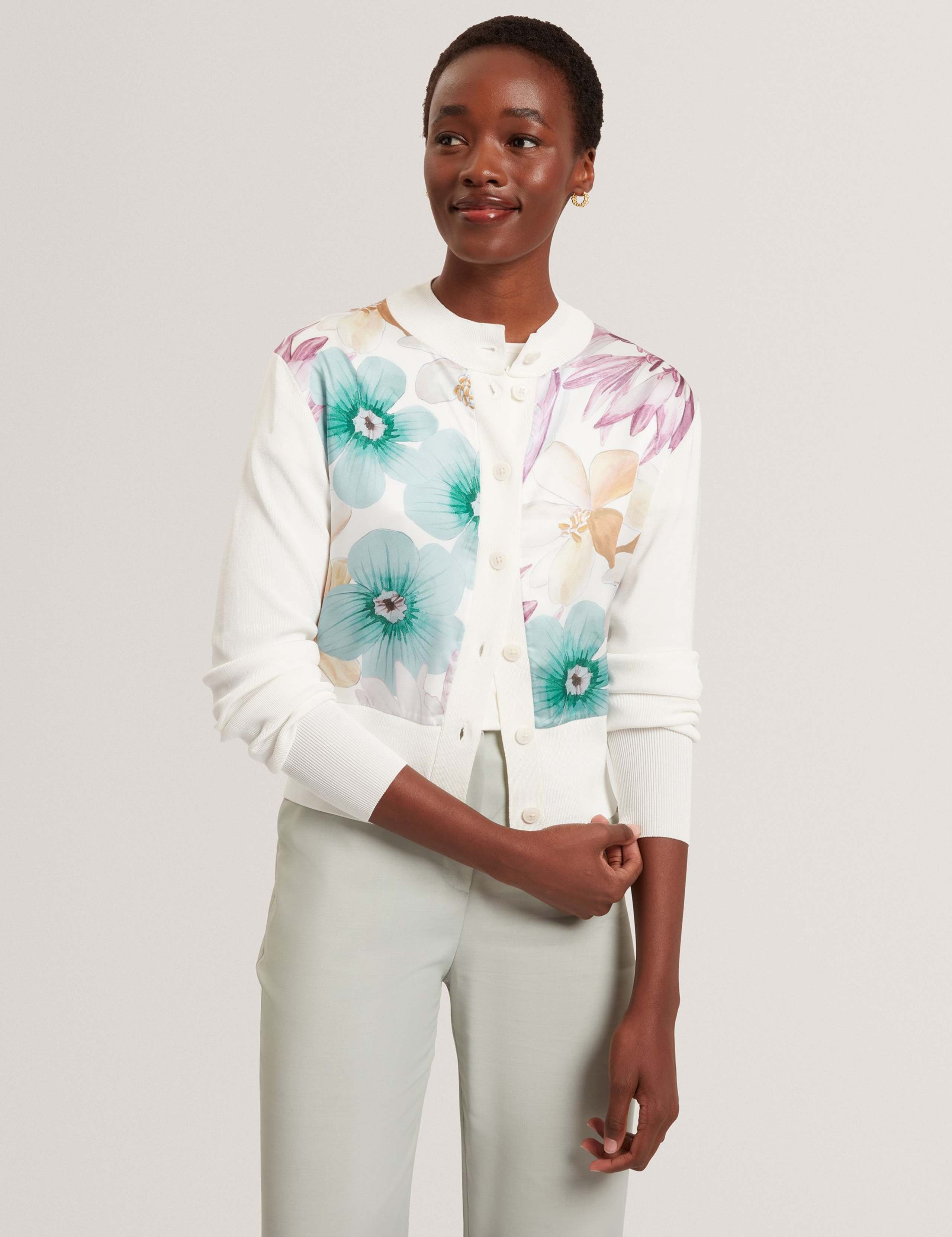 Floral Print Crew Neck Cardigan