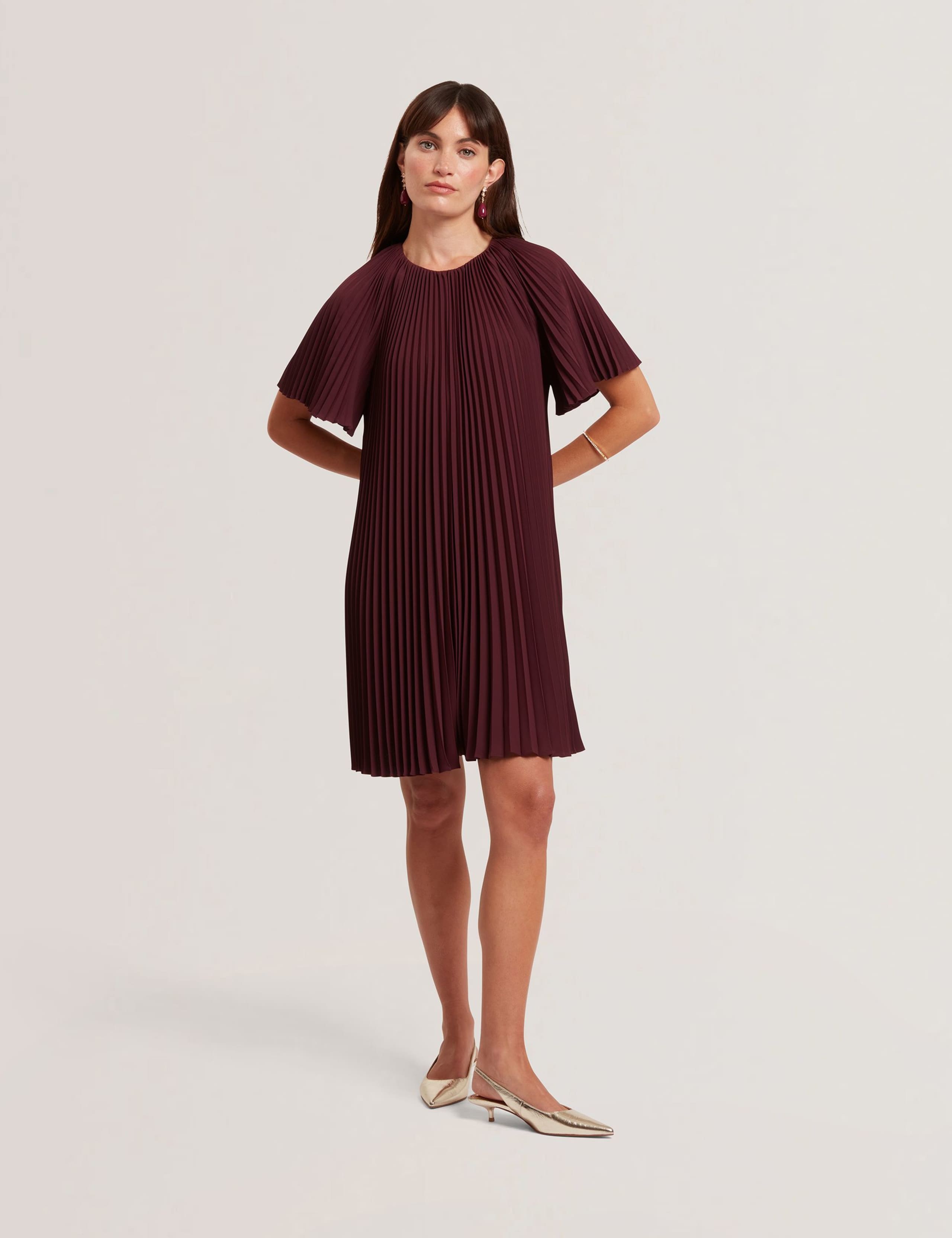 Round Neck Pleated Keyhole Mini Smock Dress