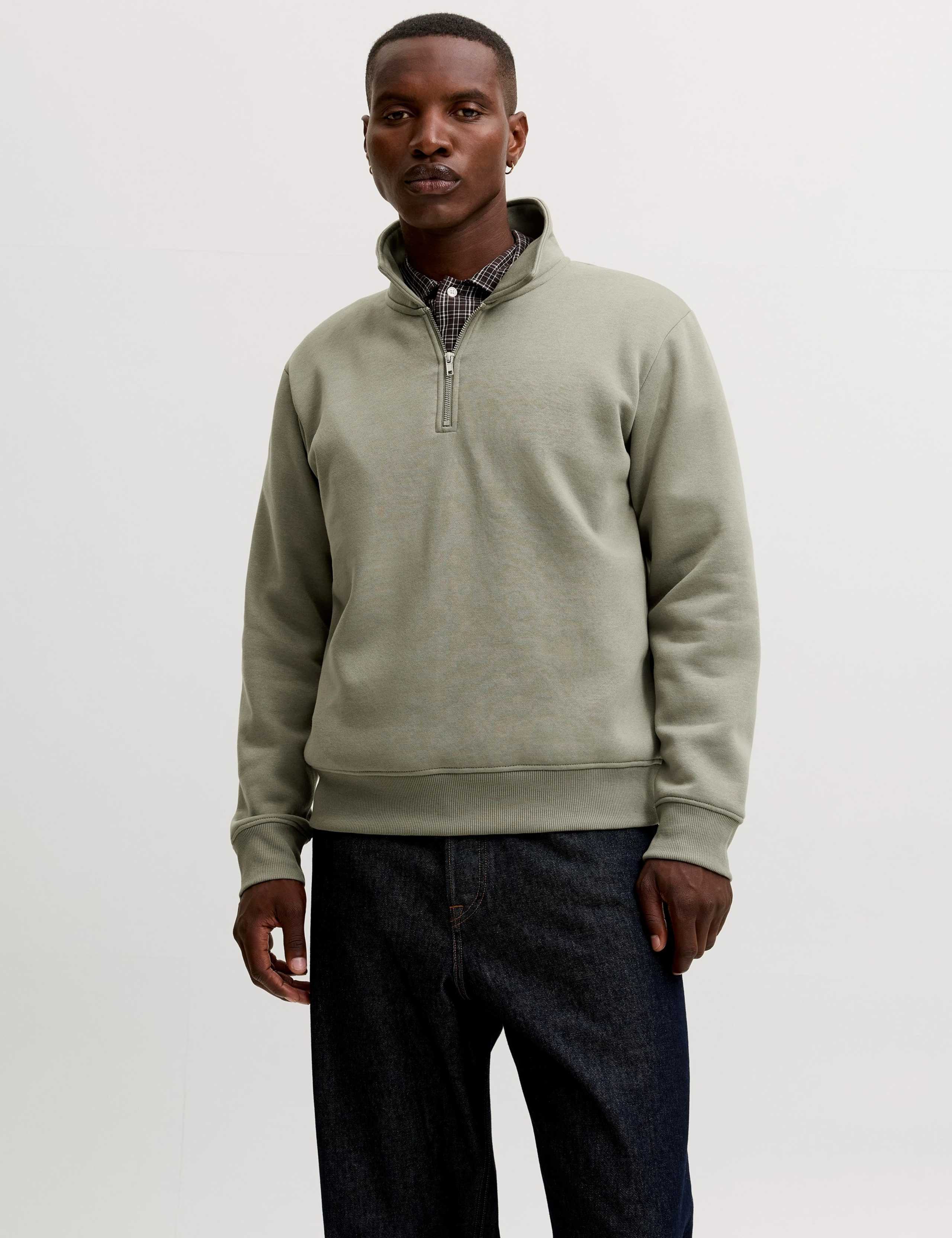 Cotton Blend Half Zip Long Sleeve Sweatshirt