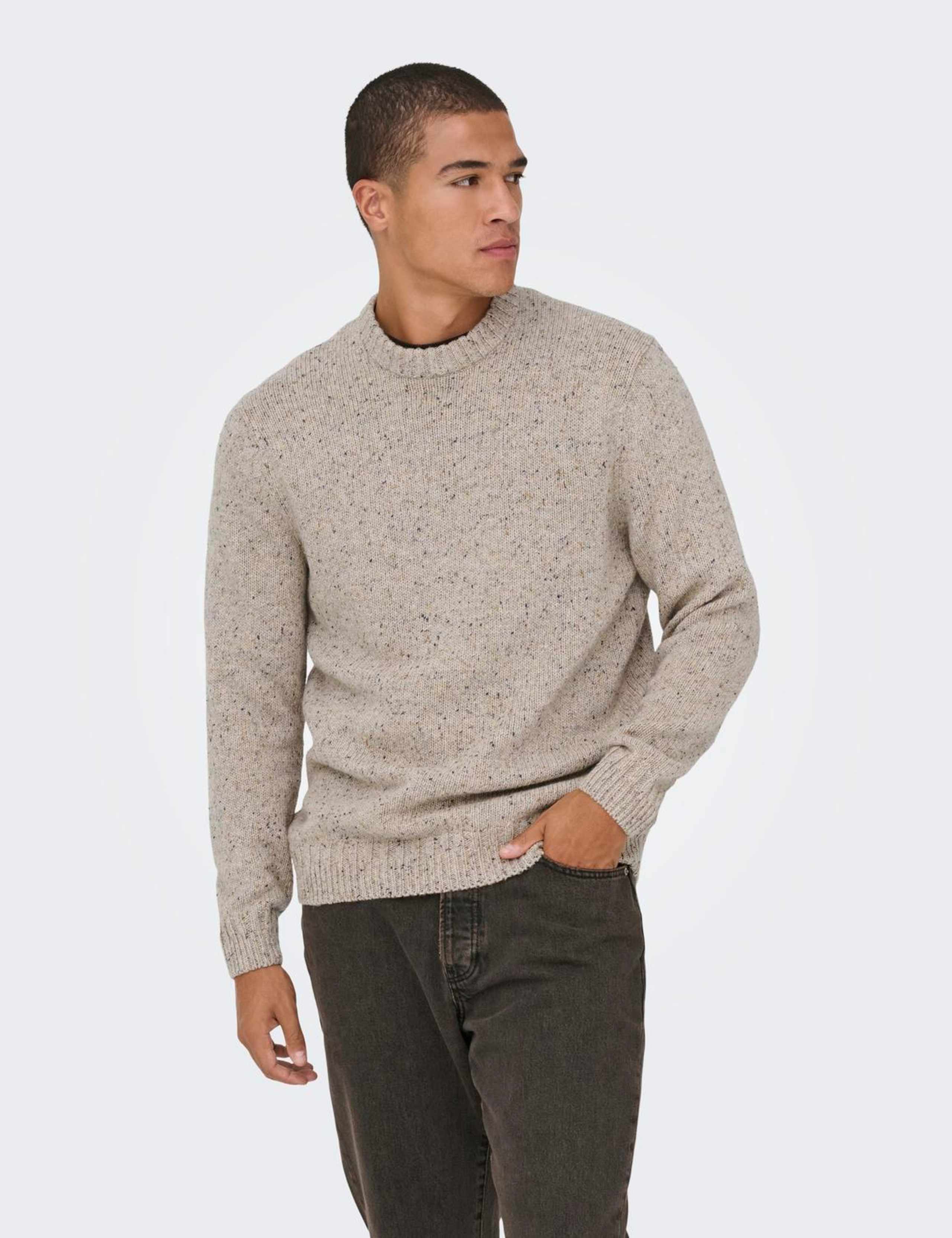 Cotton Blend Crew Neck Jumper with Wool