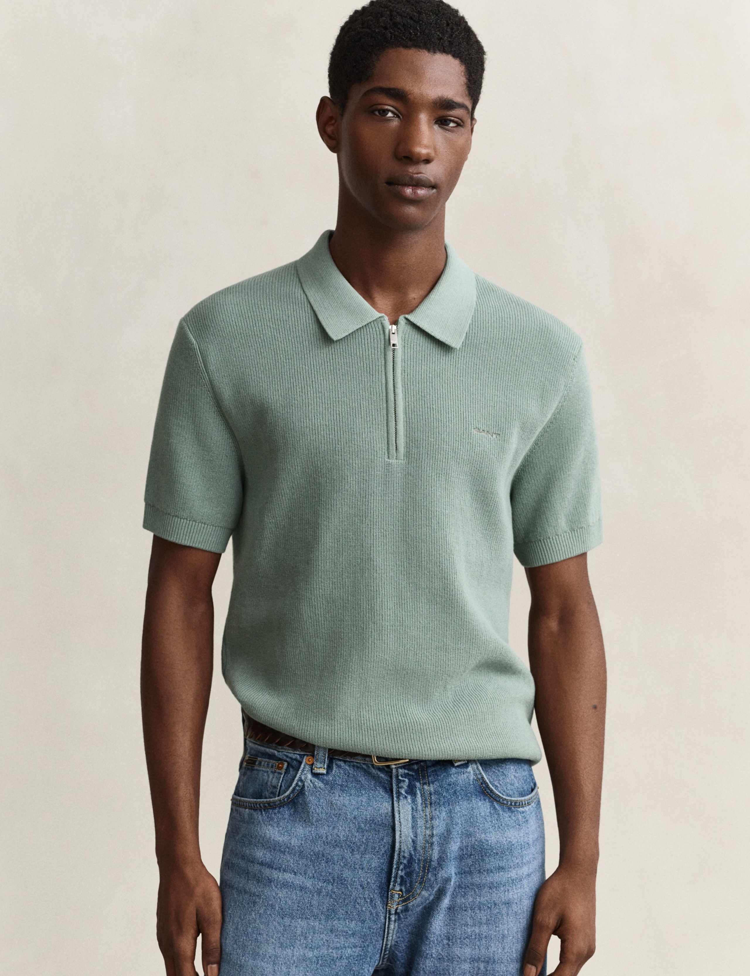 Pure Cotton Ribbed Knitted Polo Shirt