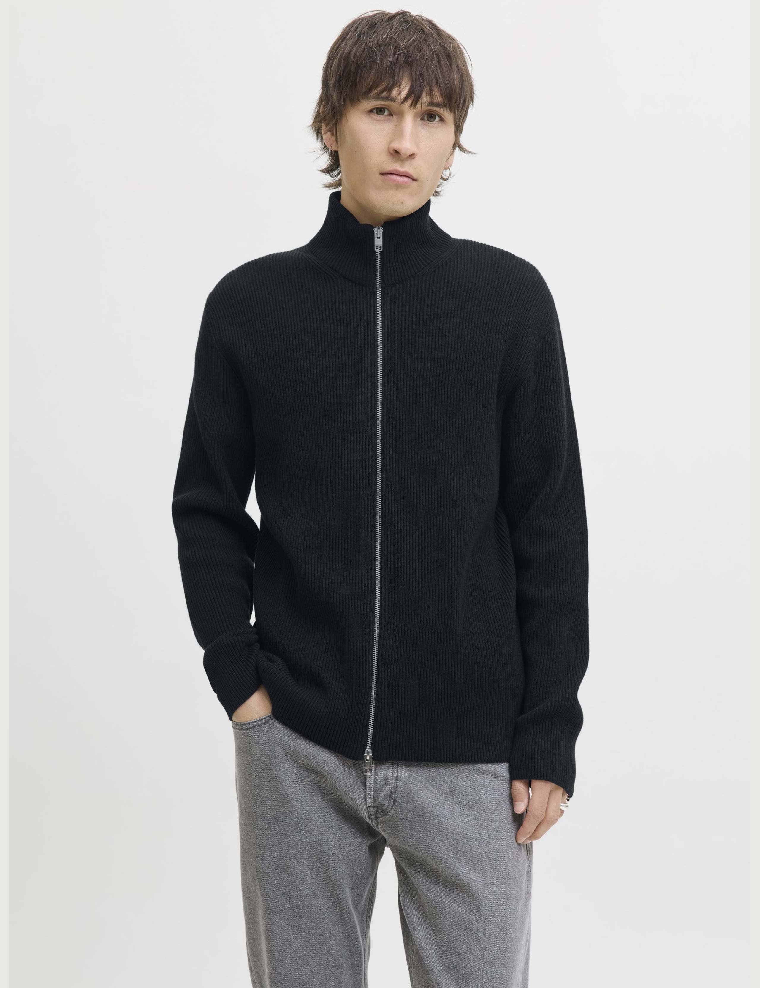 Cotton Blend Ribbed Zip Up Cardigan