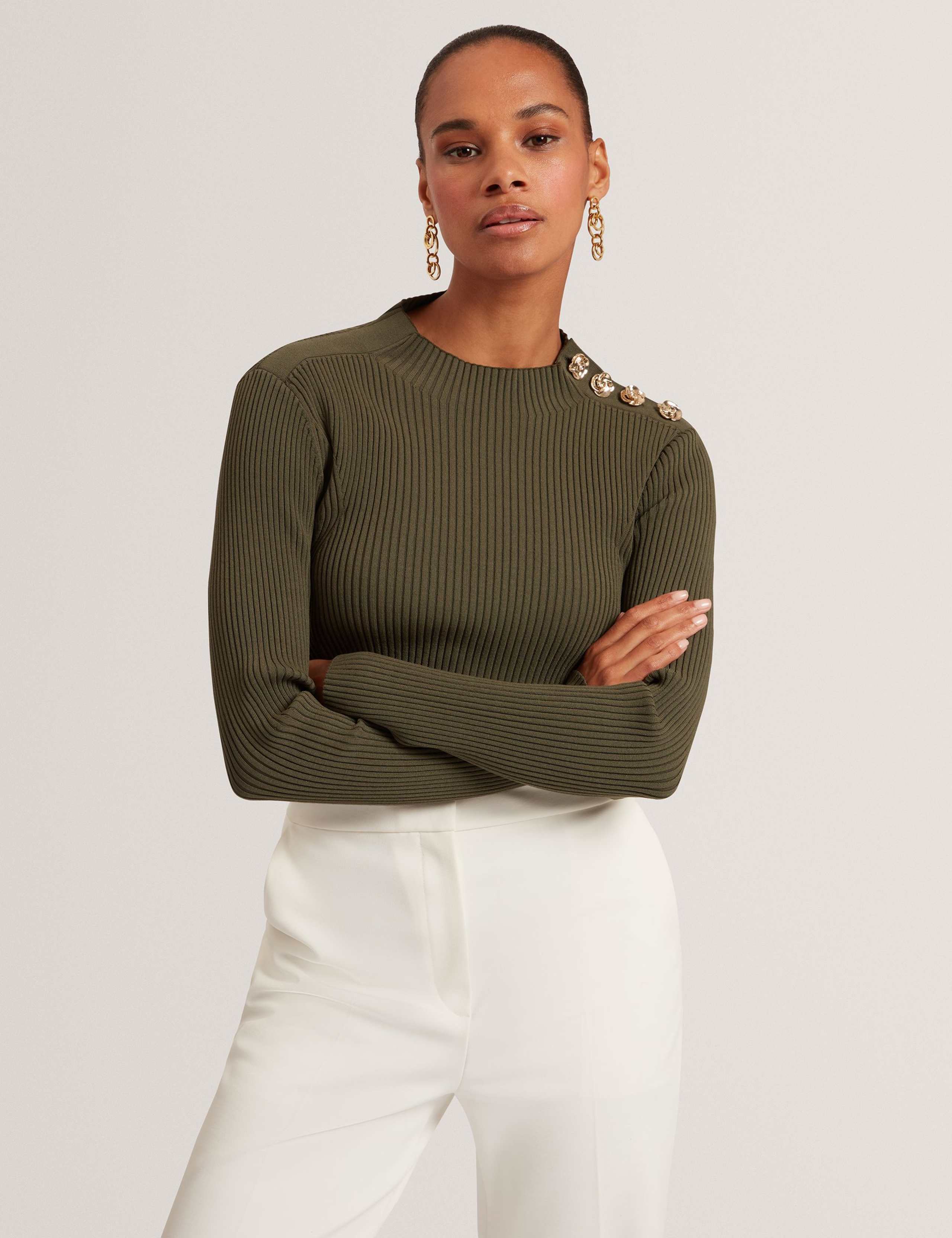 Ribbed Button Detail Fitted Knitted Top
