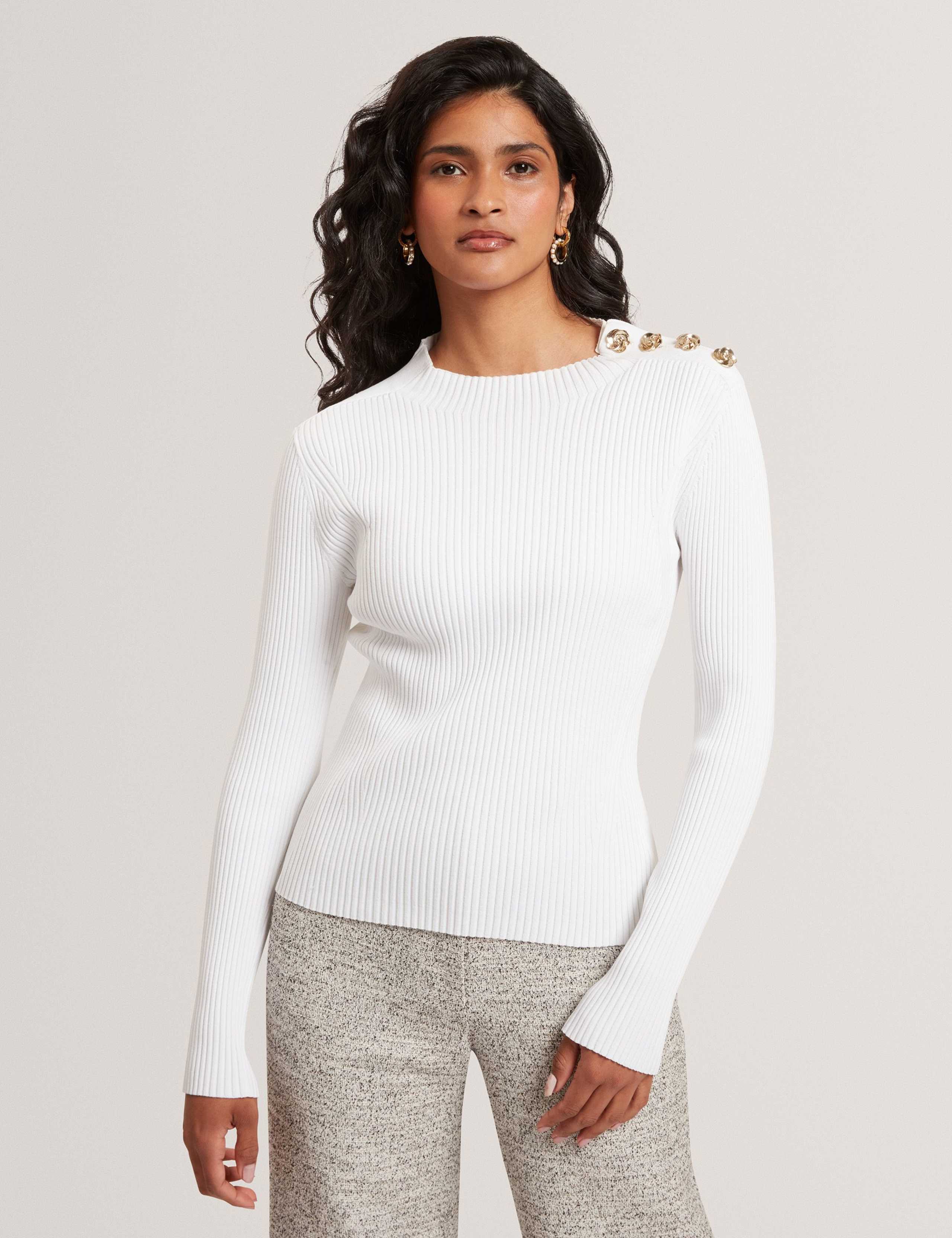 Ribbed Button Detail Fitted Knitted Top