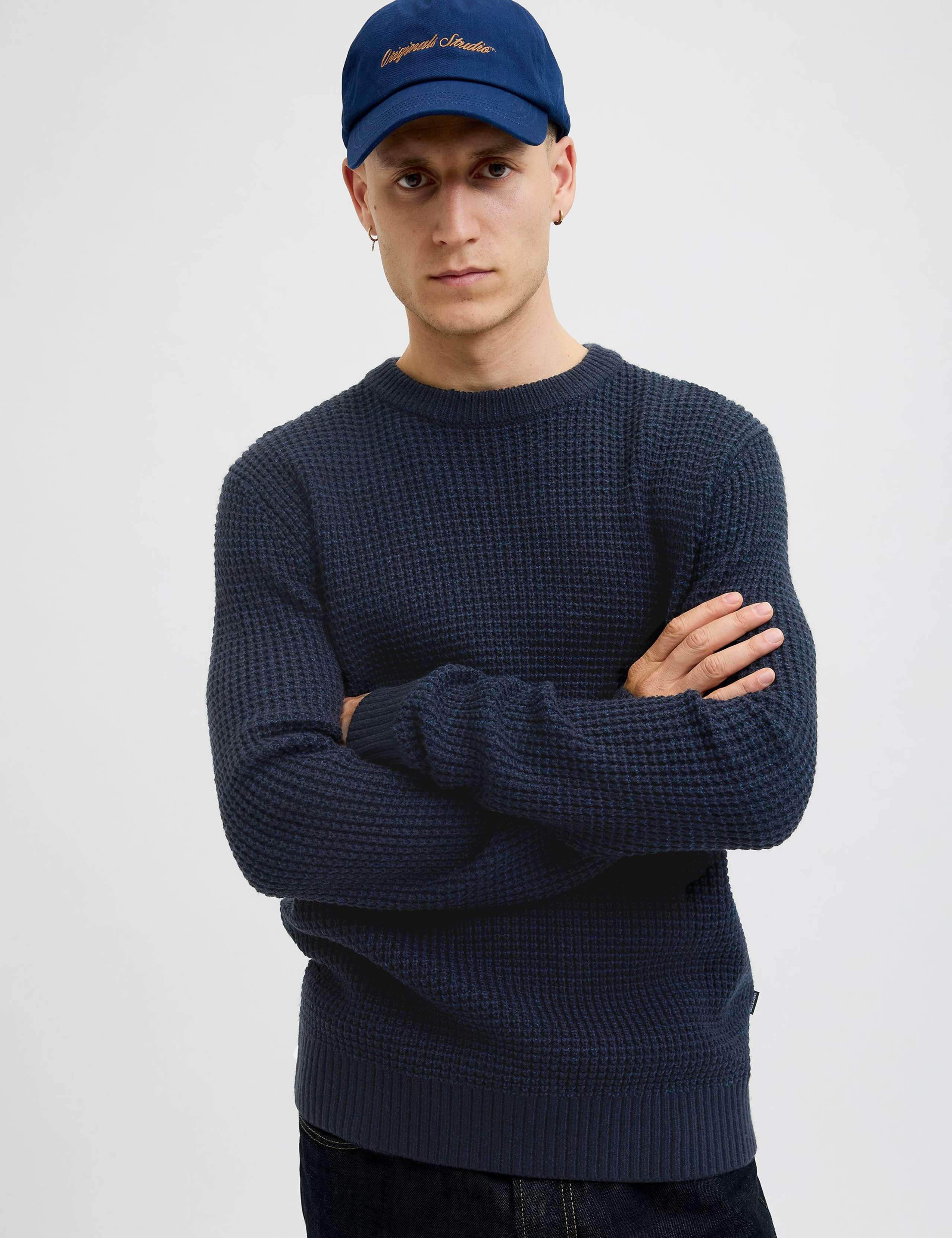 Cotton Blend Textured Crew Neck Jumper