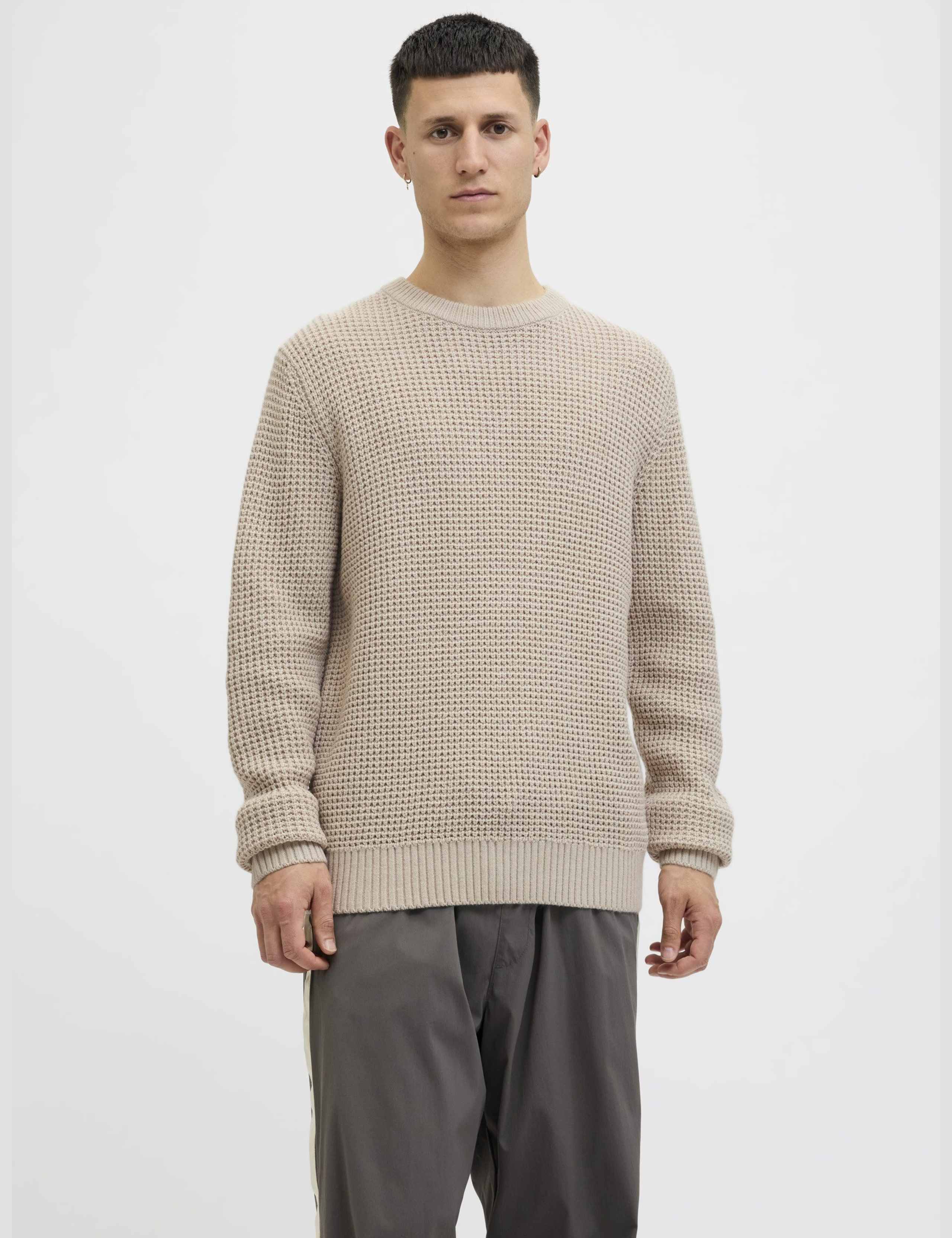Cotton Blend Textured Crew Neck Jumper