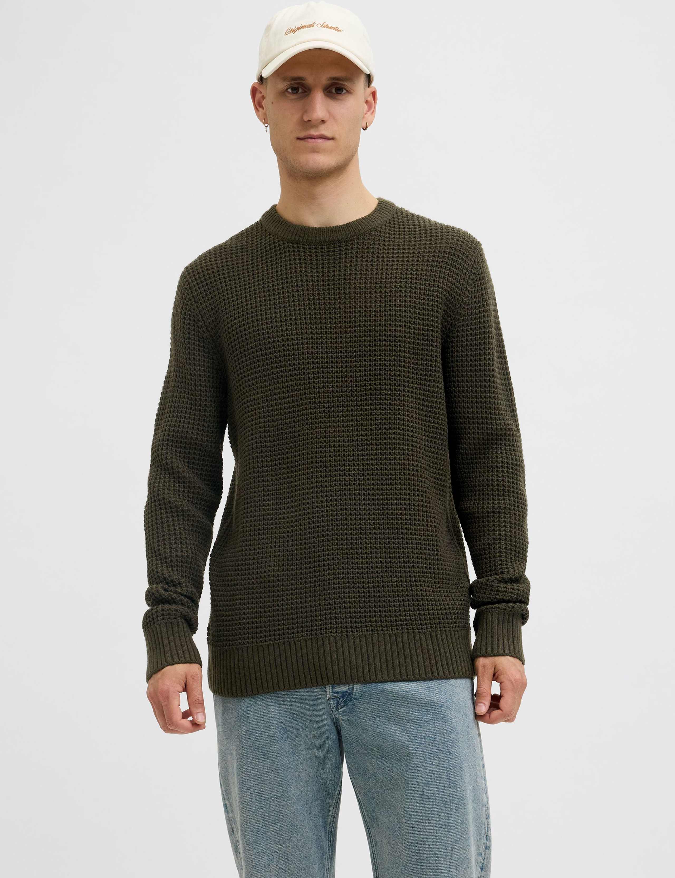 Cotton Blend Textured Crew Neck Jumper