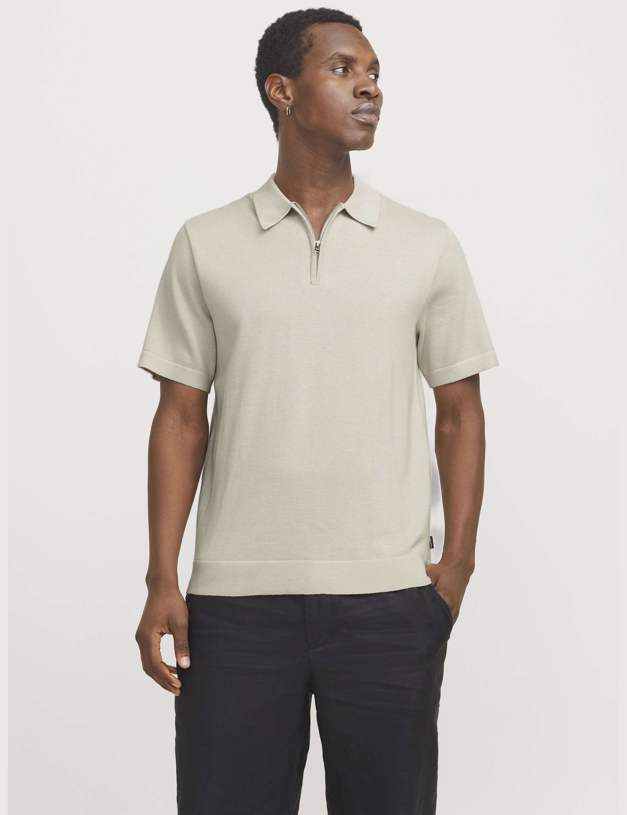 Pure Cotton Zip Up Knitted Polo Shirt