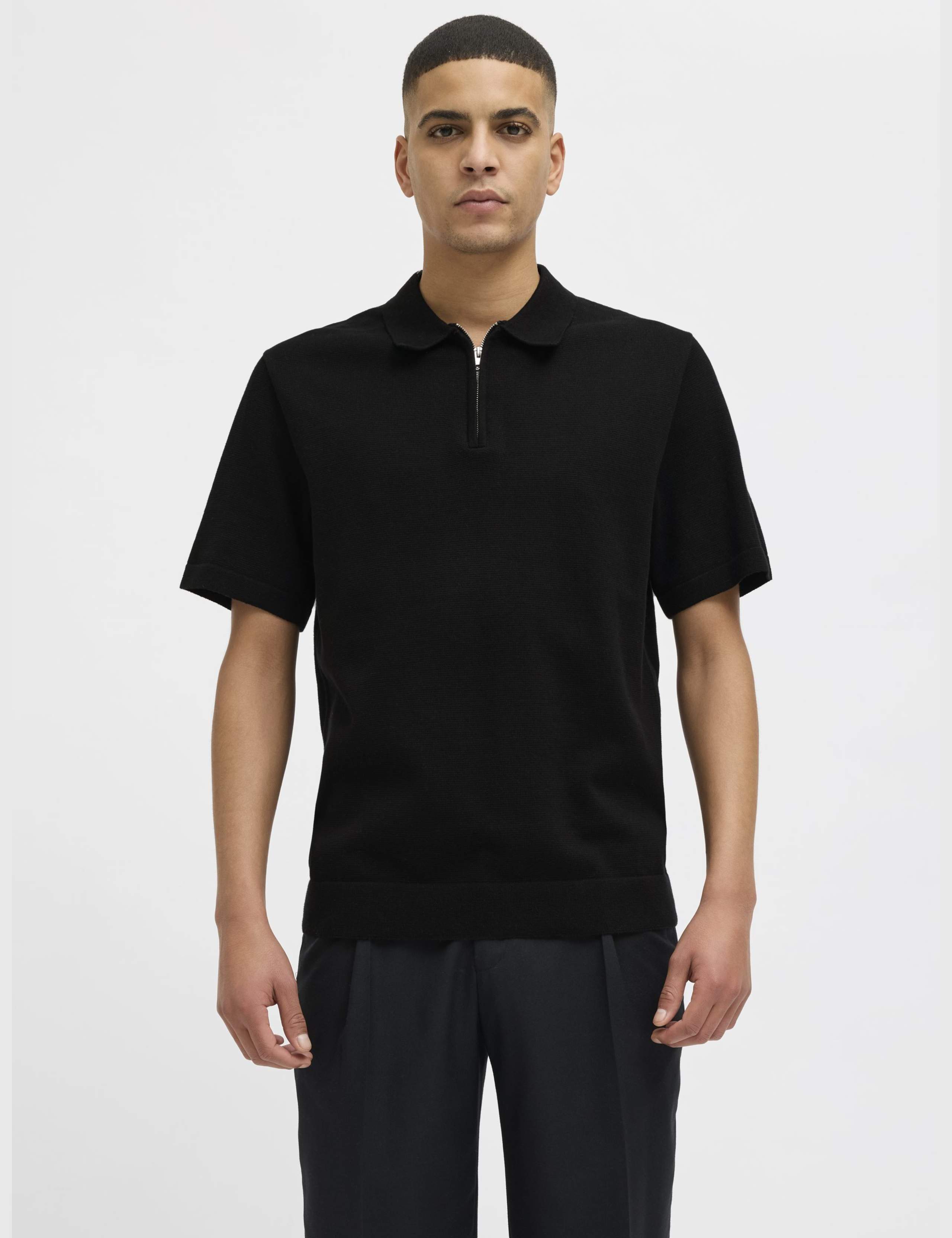 Pure Cotton Zip Up Knitted Polo Shirt
