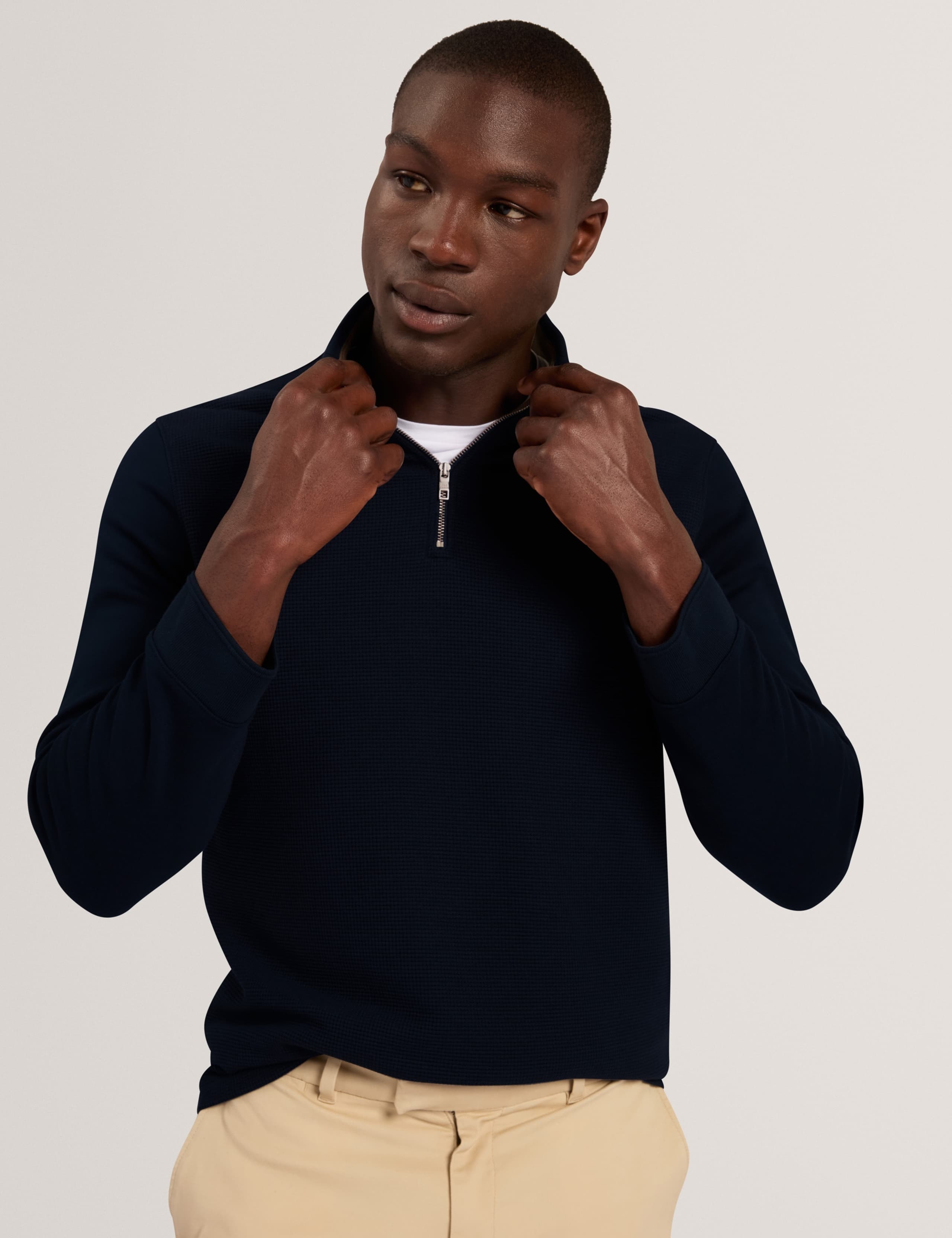 Cotton Blend Textured Half Zip Jumper
