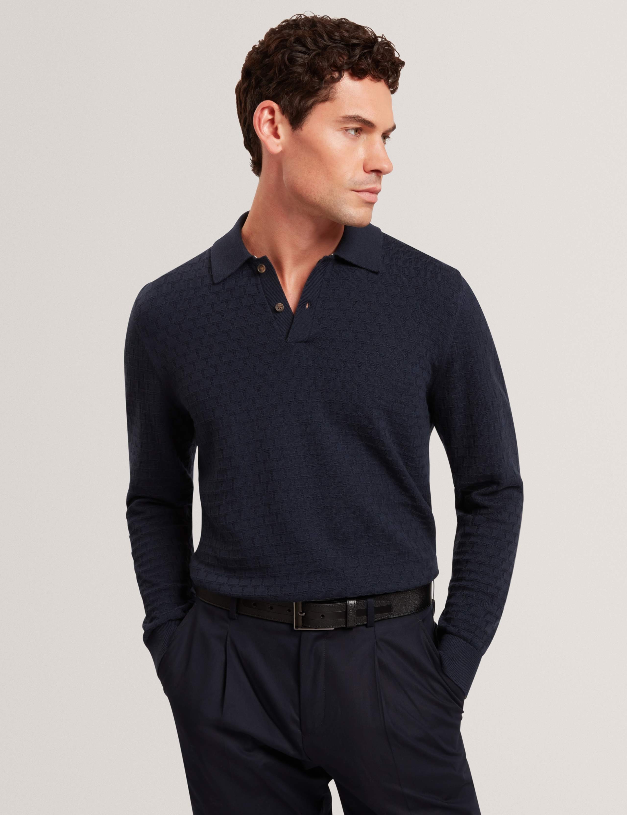 Cotton Rich Textured Long Sleeve Polo Shirt