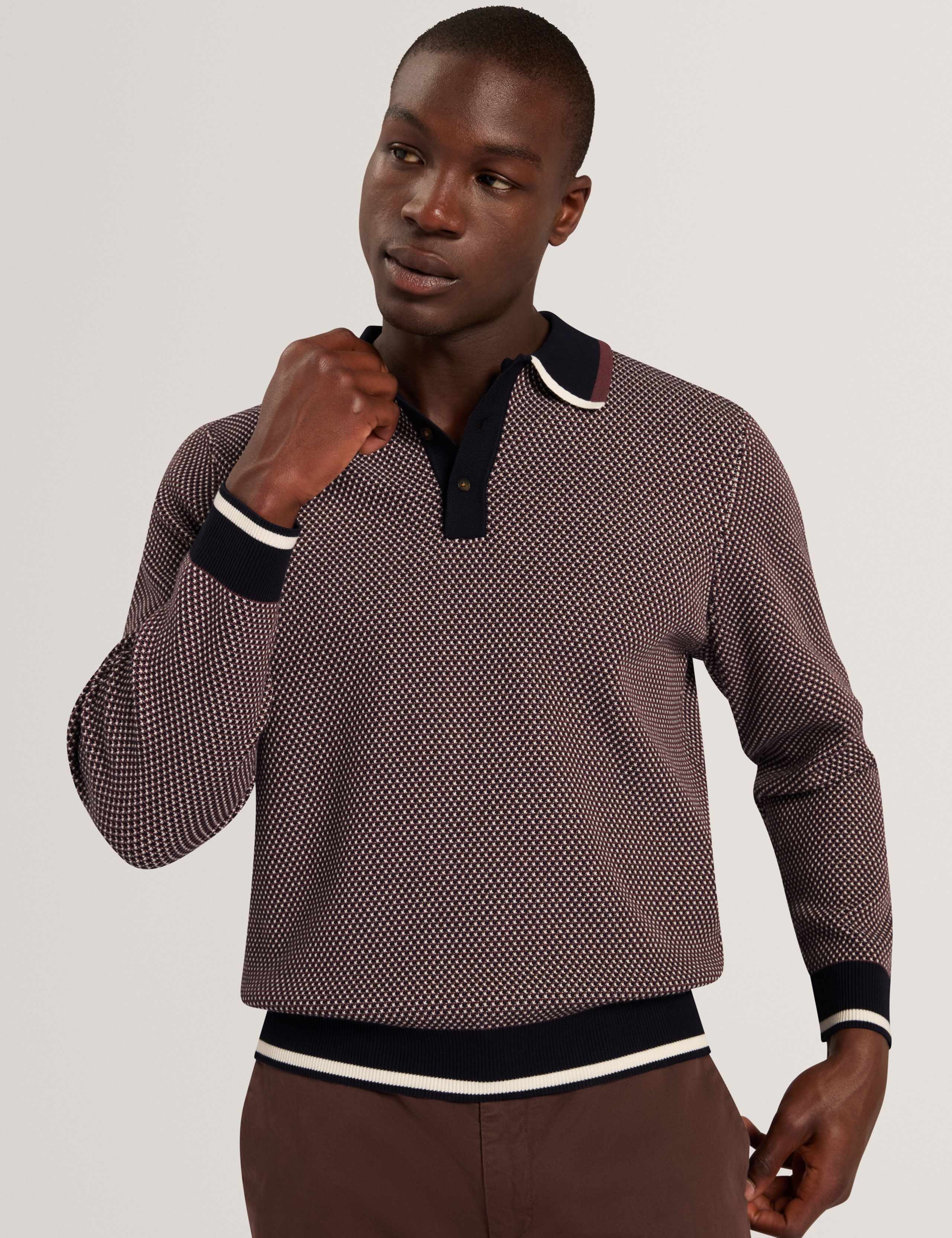 Patterned Waffle Stitch Knitted Polo Shirt