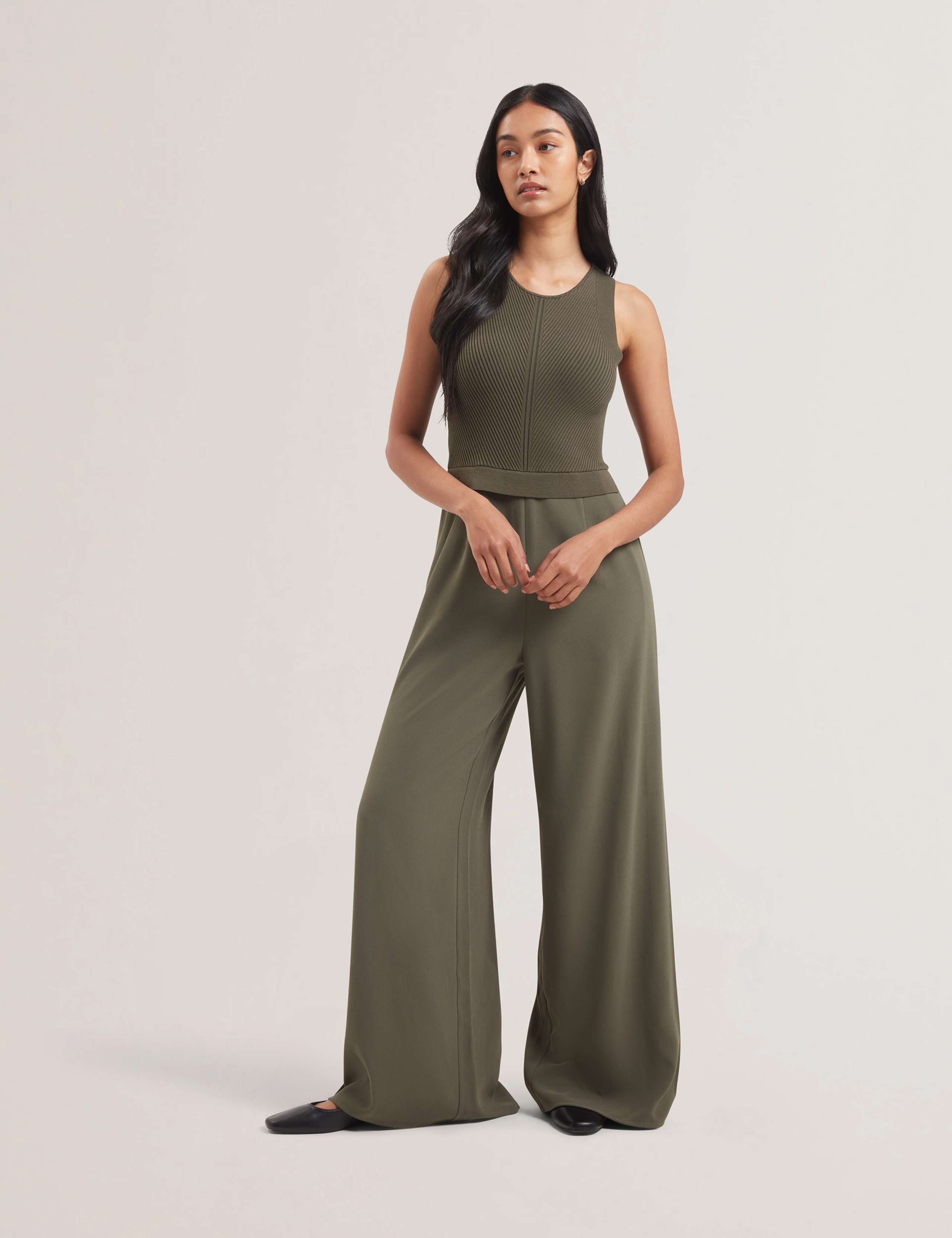 Knitted Bodice Racer Back Wide Leg Jumpsuit