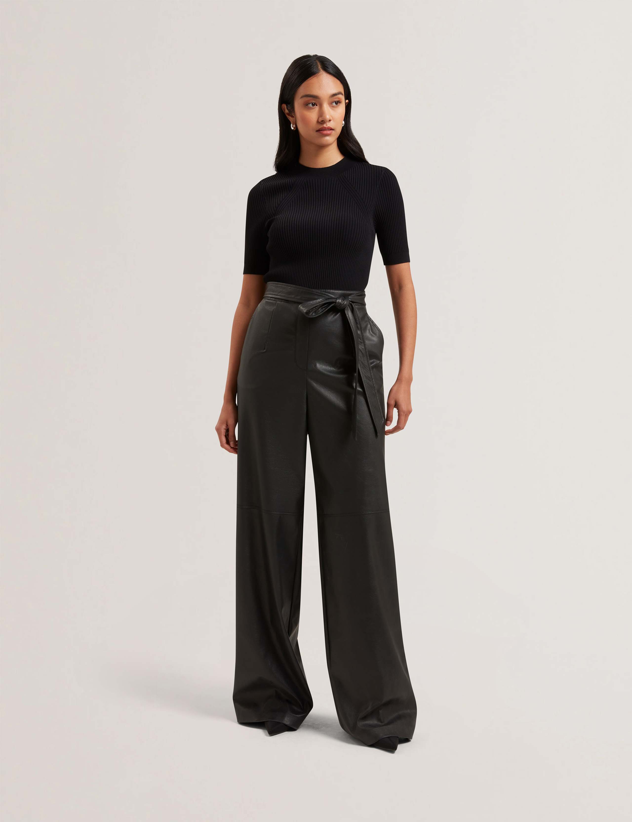 Faux Leather Belted Short Sleeve Jumpsuit