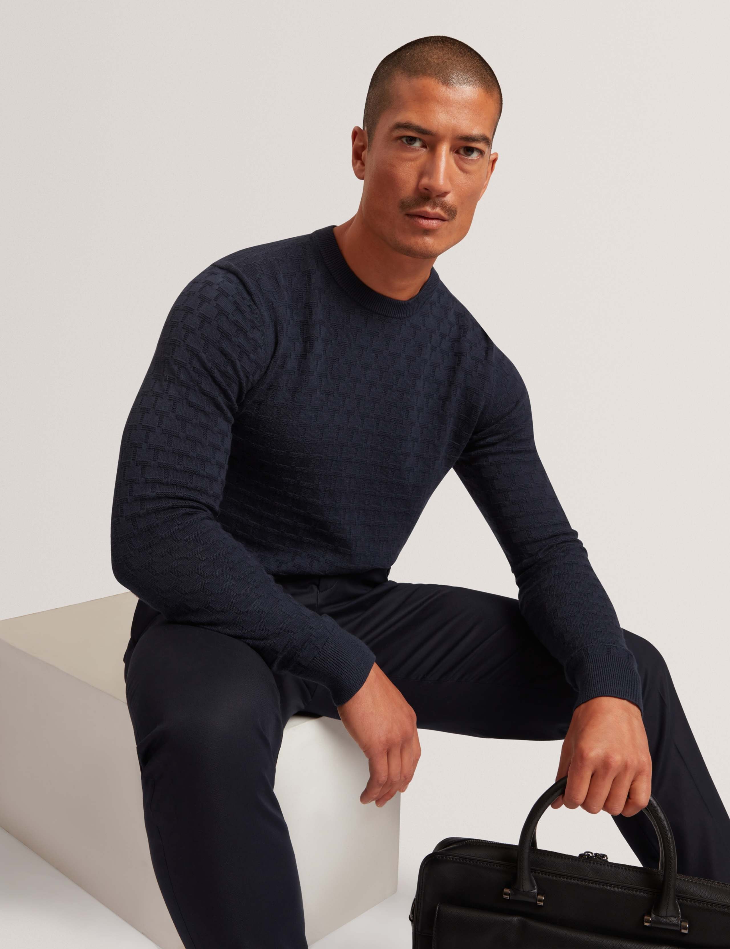 Wool Blend Textured Crew Neck Jumper