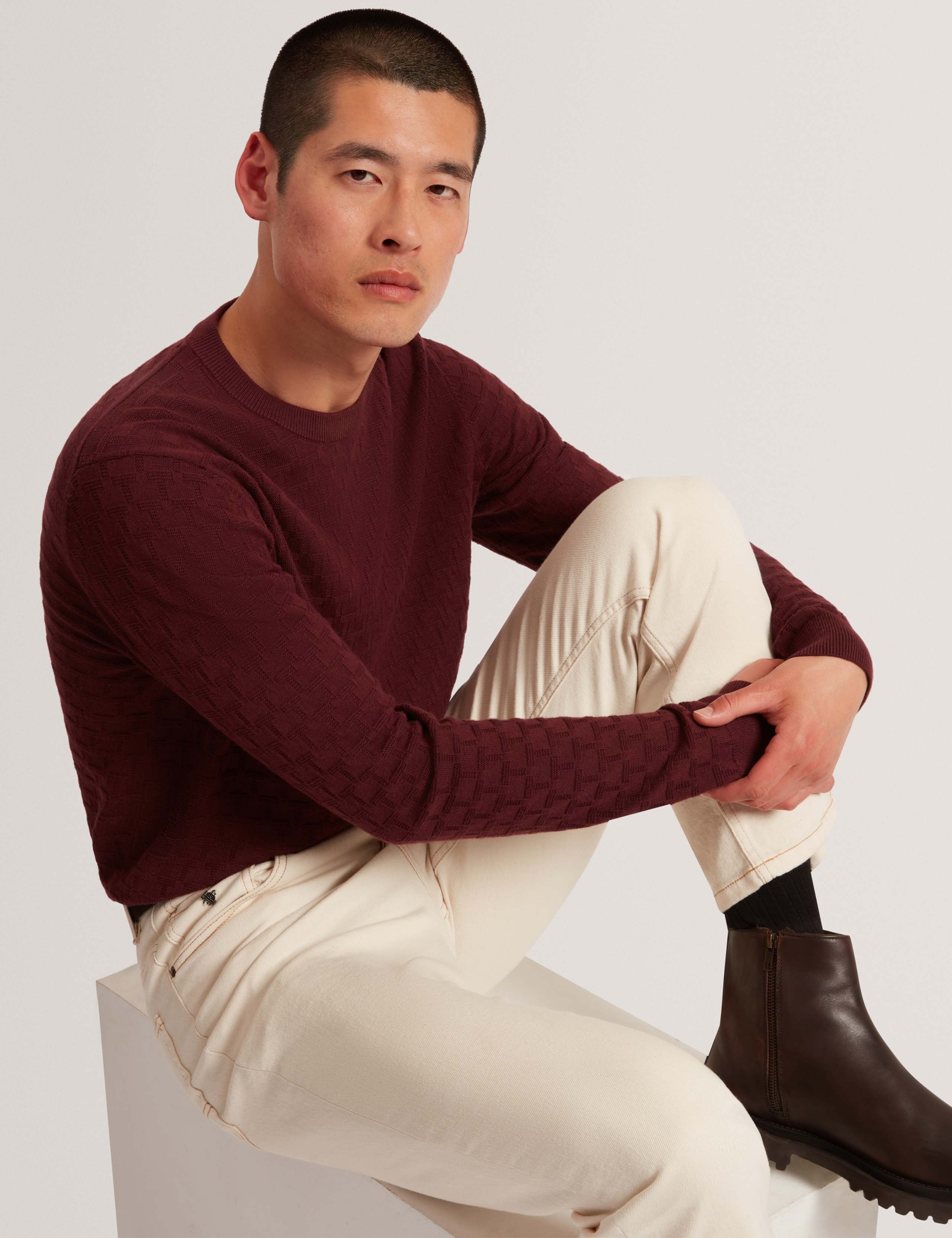 Wool Blend Textured Crew Neck Jumper
