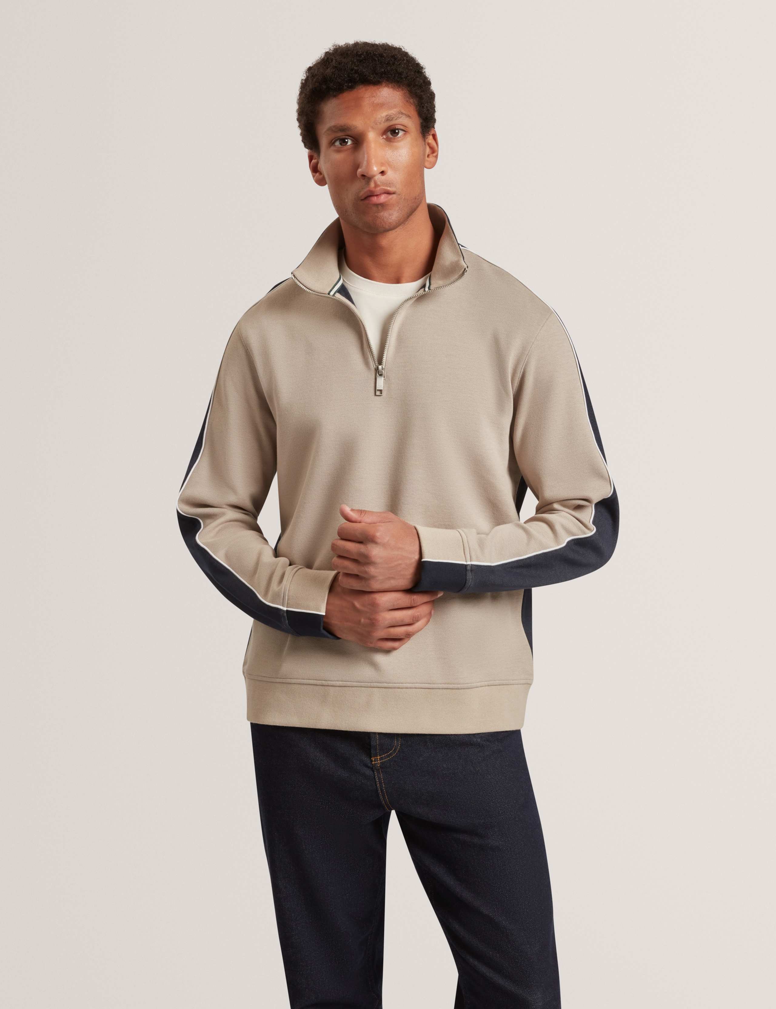 Cotton Blend Zip Up Long Sleeve Polo Shirt