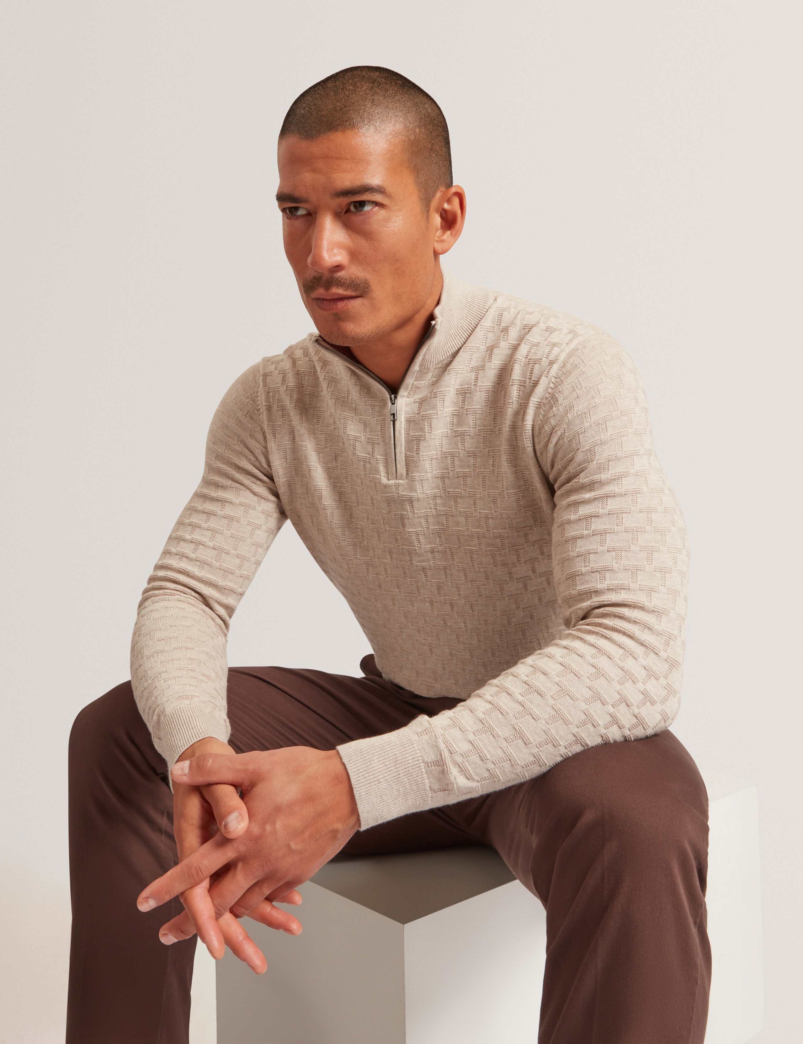 Wool Blend Textured Half Zip Jumper