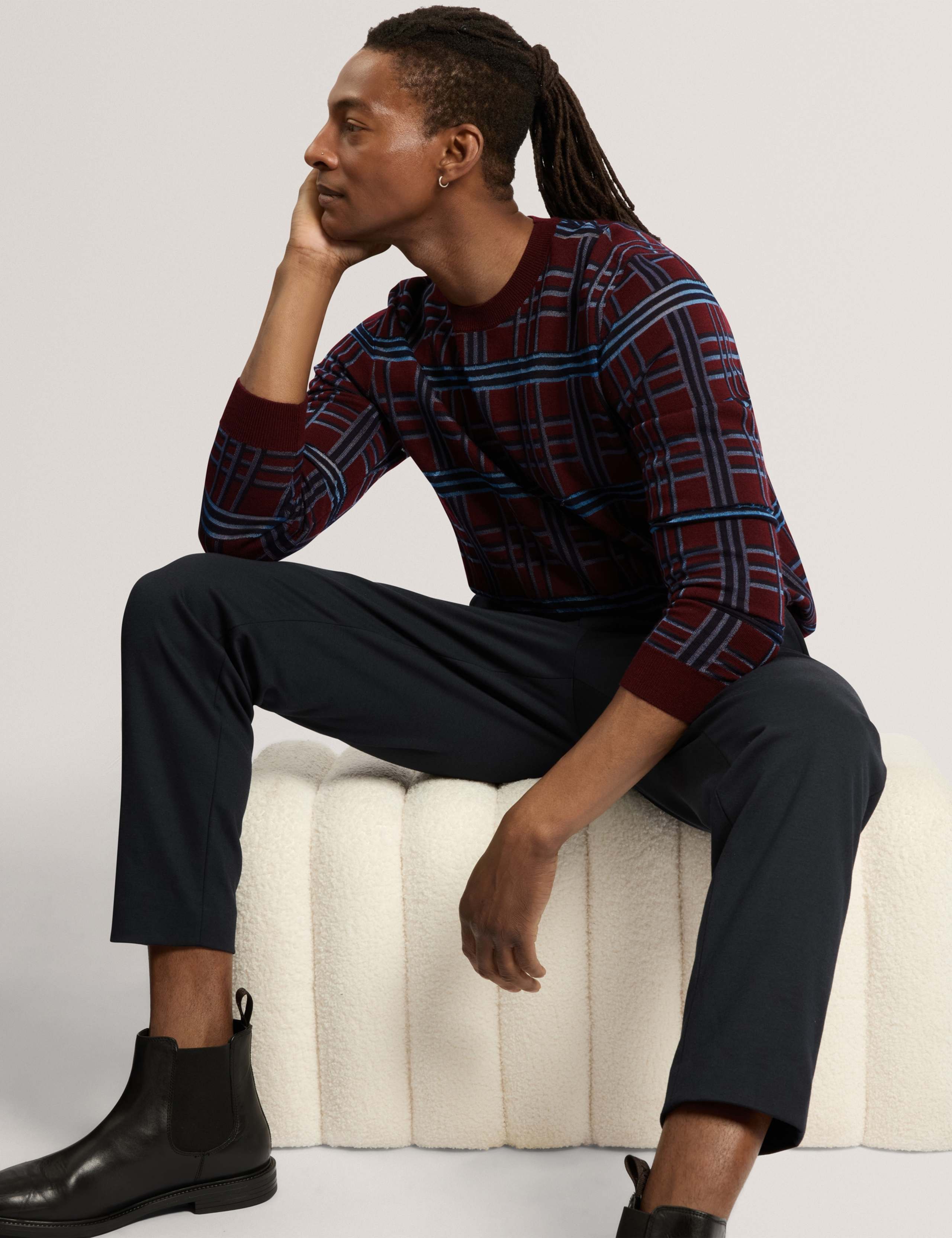 Wool Blend Checked Crew Neck Jumper
